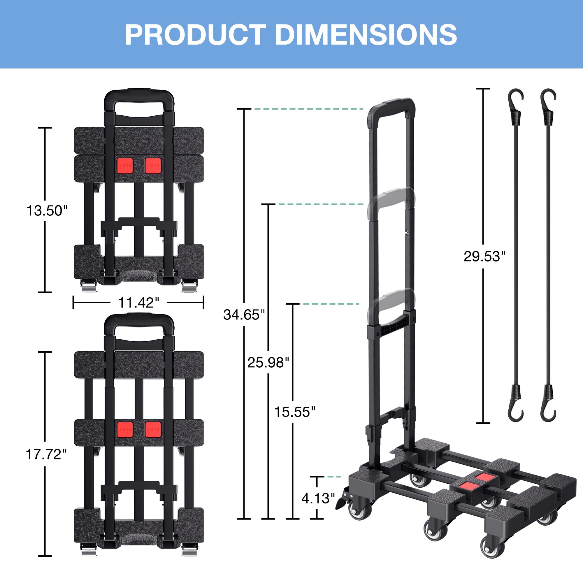 Carro de mano plegable, carrito de equipaje resistente de 500 libras, carrito de plataforma portátil con mango retráctil y 6 ruedas y 2 cuerdas elásticas para equipaje, mudanza, viajes, compras, uso