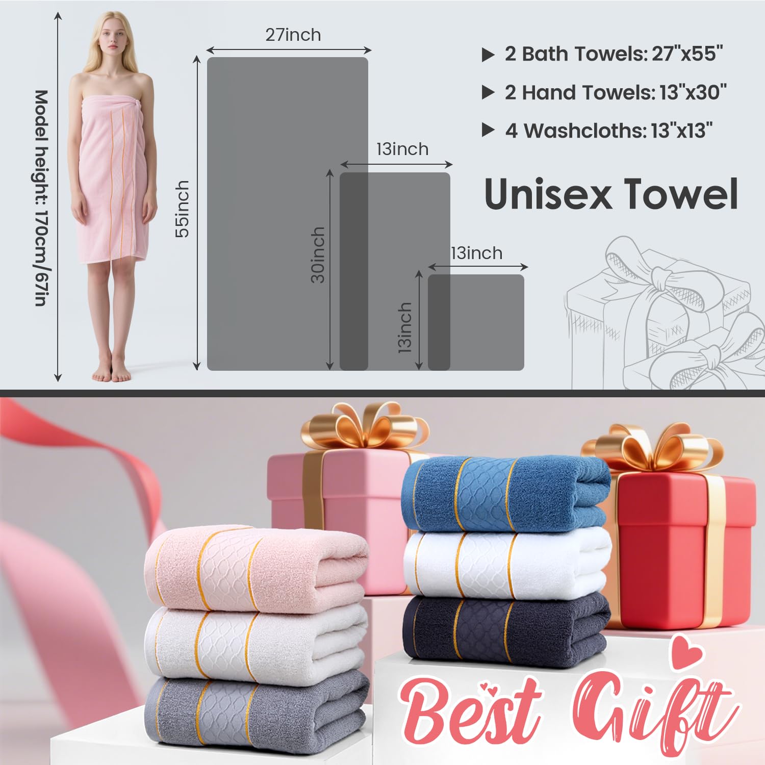 MERRY HOME Cotton Bath Towel Set 8-Piece - 2 Large Bath Towels (27
