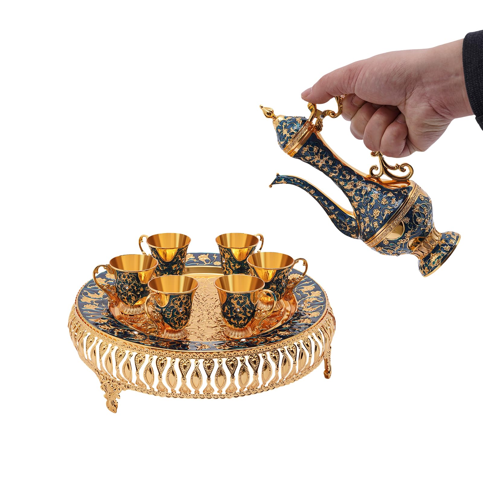 Ensemble de théière turque vintage avec plateau et 6 verres à thé, ensemble de verres à thé turcs, ornement de théière turque, cafetière marocaine pour la maison et le thé