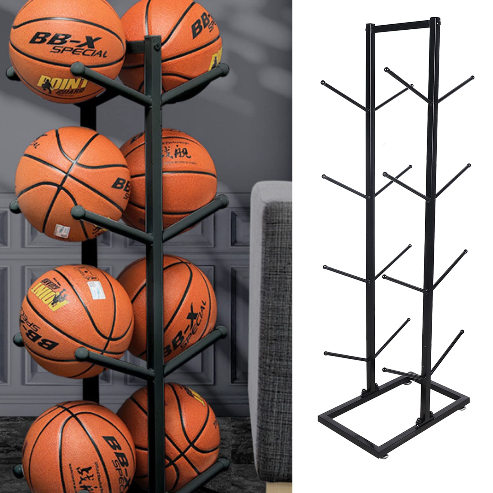 Kathring Double Side Metal Basketball Holder, 8-Ball 4 Layer Basketball Organizer, Ball Rack Display Stand for Basketball, Football, Volleyball Storage