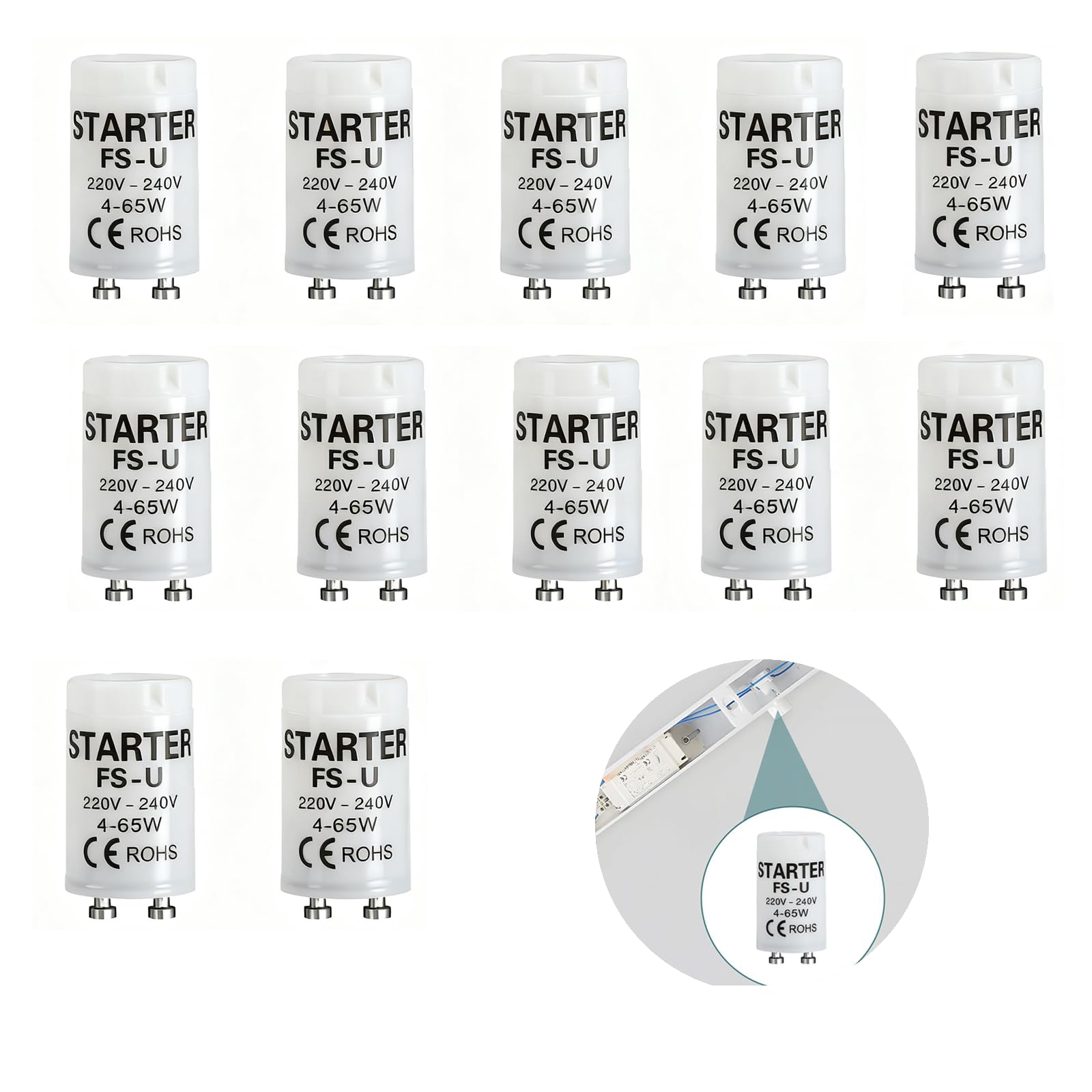 SSJkeji 12 Pcs Light Starter, FSU 4-65W Universal Light Starter 220-240V AC with UV Start Control Switches Energy Efficient Starters for Fluorescent Fluorescent Light Fittings (FS-U 4-65W)