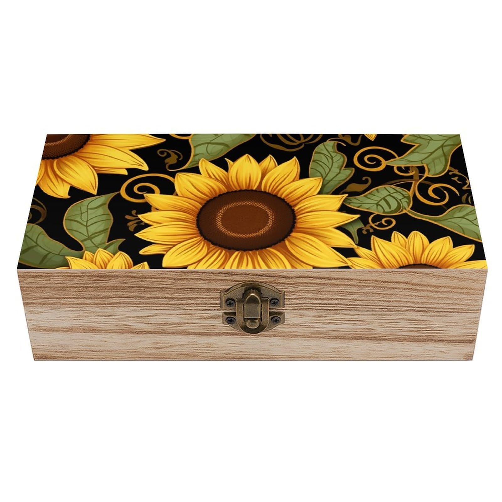 NONHAI Wooden Storage Box Beautiful Sunflower Wood Gift Box with Hinged Lid Vintage Decorative Jewelry Boxes Memory Box for Jewelry Art Hobbies Home Storage Treasure Keepsake Gift 7.9''x3.9''x2.3''