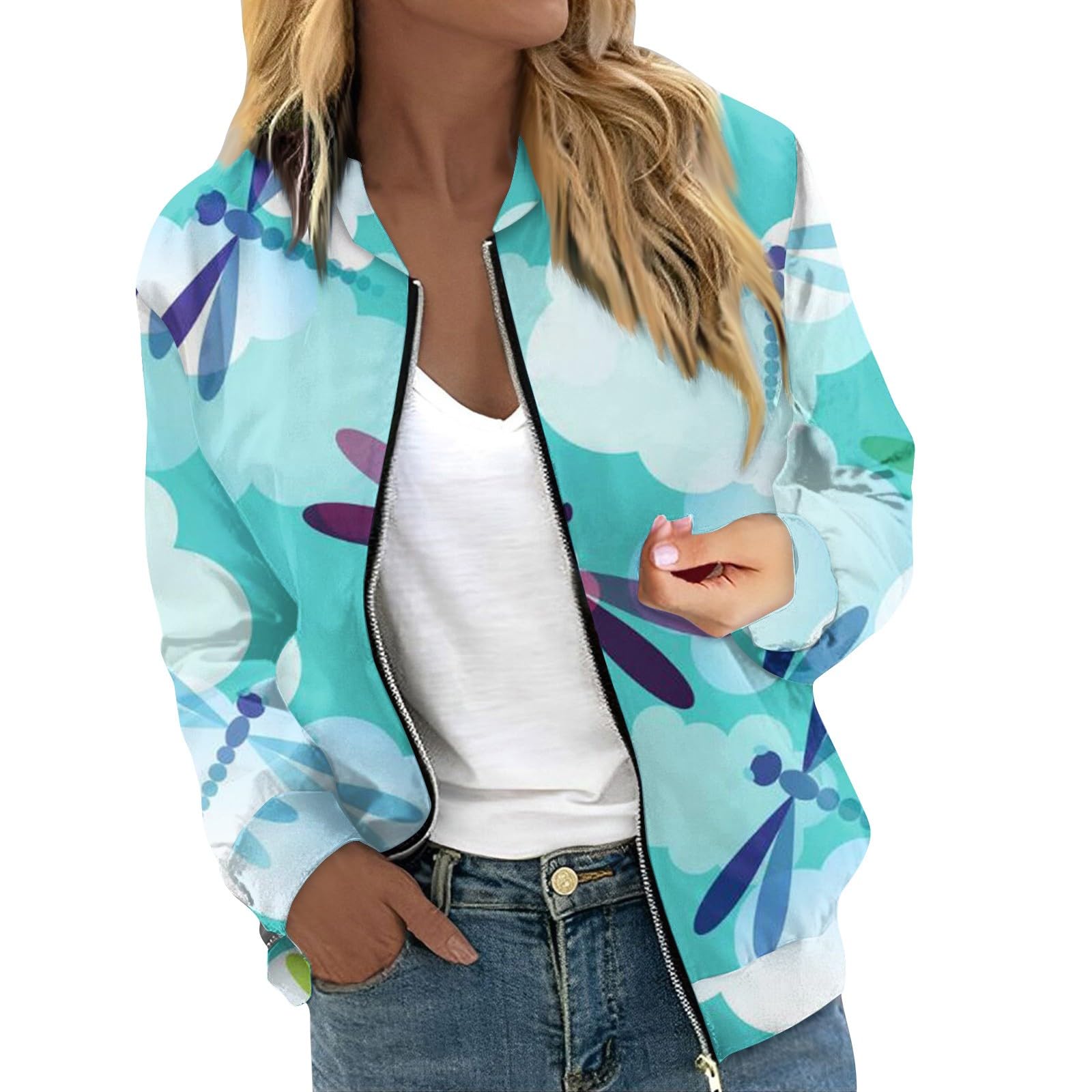 FlekmanArt Women's Casual Bomber Jacket Zip Up Lightweight Jacket Coat Classic Cropped Motorcycle Jacket With Pocket