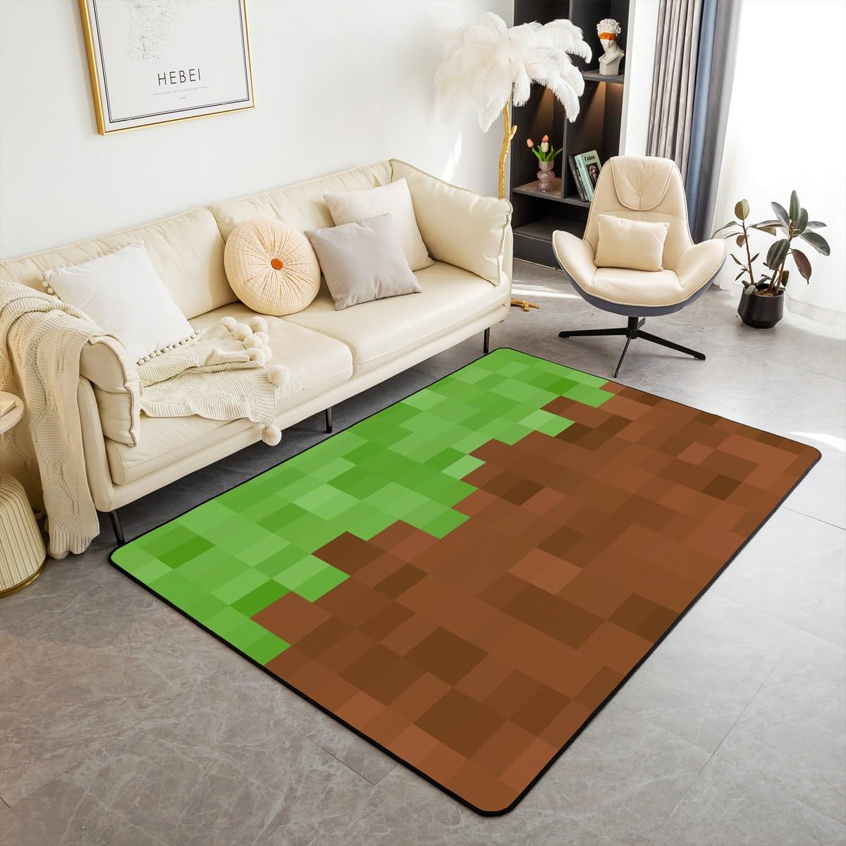 Homemissing Pixel Spiel Teppich 100x150cm Grün Braun Camo Wohnzimmerteppich für Kinder Cartoon Dekor Modern Teppich Weiche leichte Mikrofaser Schlafzimmer Dekor