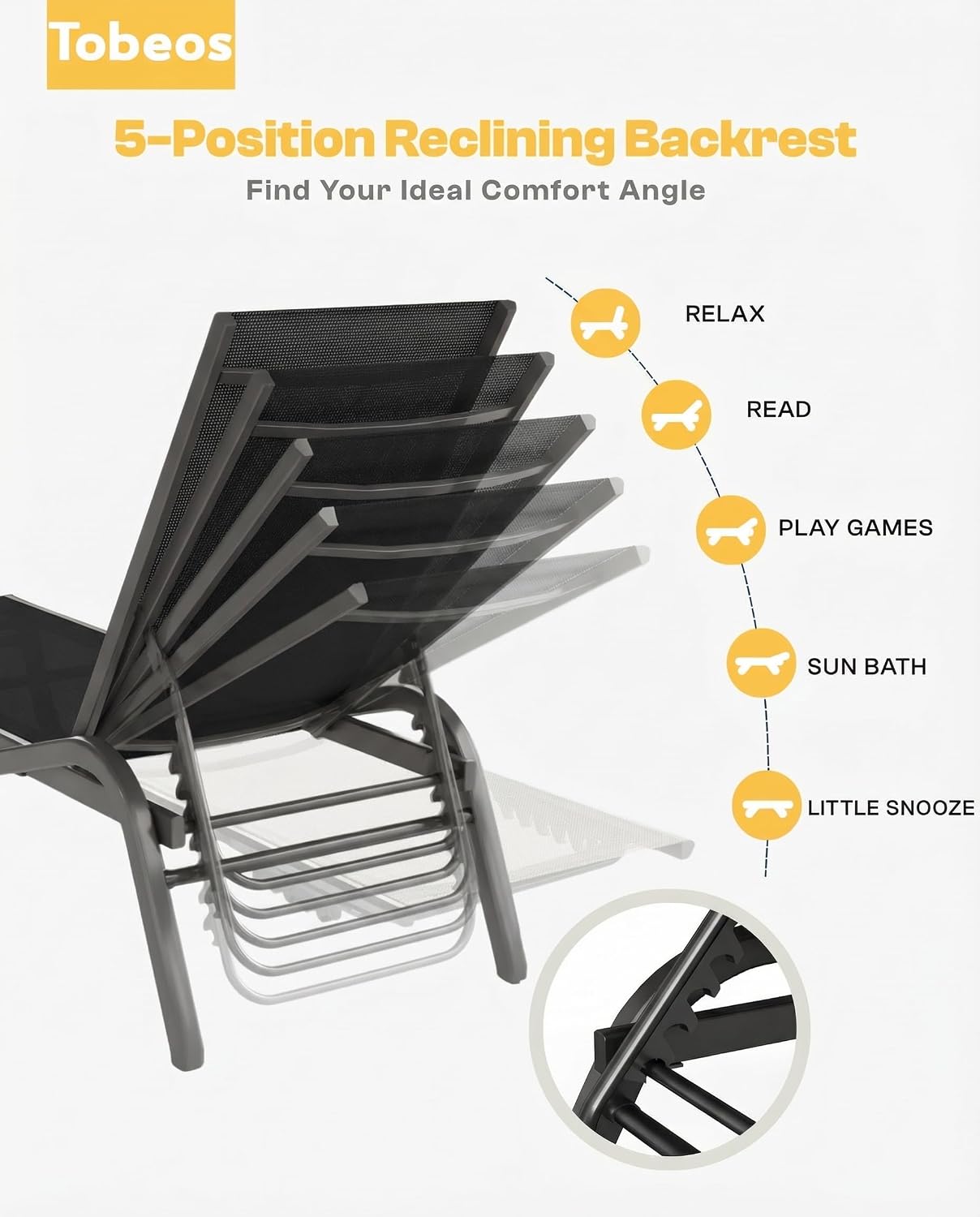 Outdoor Chaise Lounge Chair, 5-Position Adjustable Patio Lounge Chair with Ergonomic Aluminum Frame, Textilene Fabric Pool Loung Chairs for Poolside, Deck, Backyard (Black)