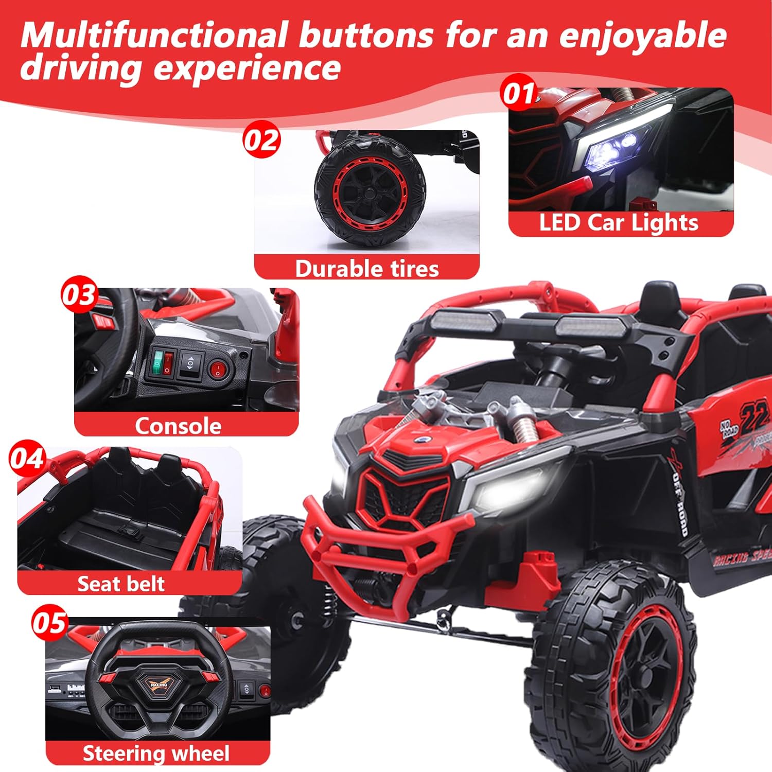 24V Ride on Toys for Big Kids, 2 Seater Electric Car w/Parents Remote Control, 4 Wheel Suspension, Max 5MPH, Slow Start, 2X200W Motors, Bluetooth, Music, LED, Ride on UTV for Ages 3-6, Red