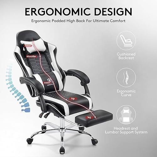 Miniatura 9 de Silla Gaming, Silla de Oficina para Computadora con Reposapiés, Soporte Lumbar de Masaje y Almohadilla de Gel, Silla Ergonómica Reclinable Ajustable