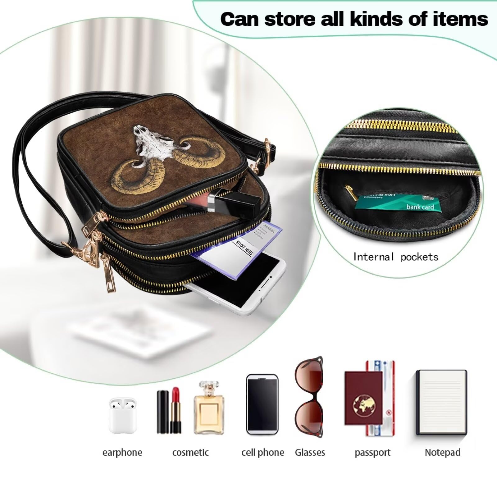 Ram Skull Crossbody torby na ramię dla kobiet małe stylowe torby na telefon komórkowy trójwarstwowa torba crossbody brązowa torebka na ramię z regulowanym paskiem do podróży