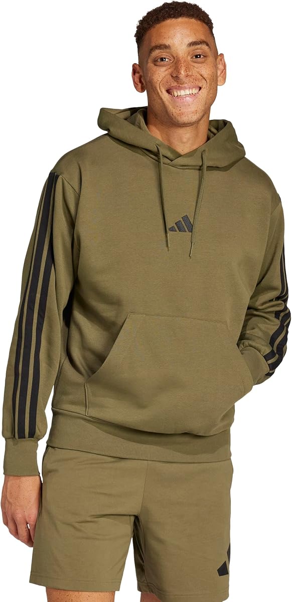Essentials 3-Stripes Fleece Hoodie para hombre, estratos color oliva/negro, mediana