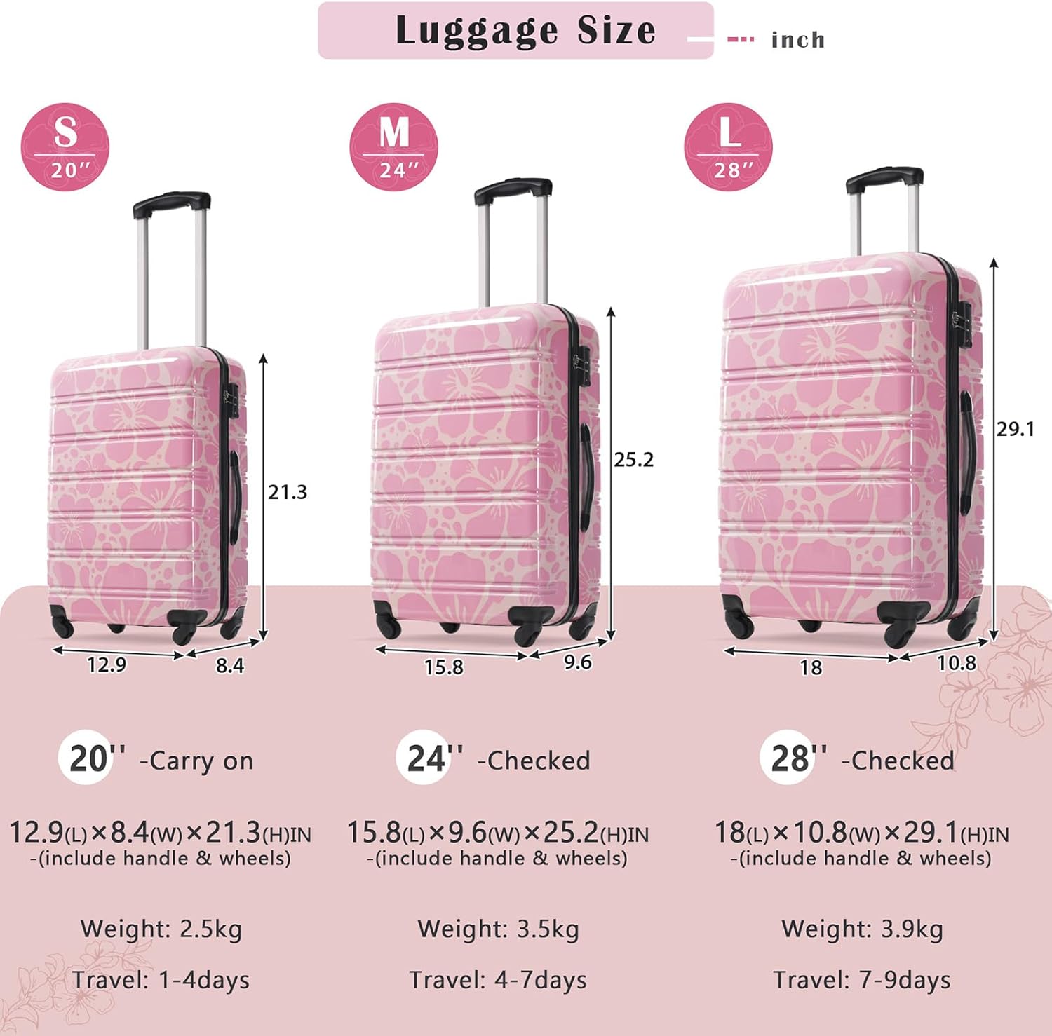 Hardshell Luggage Sets 3 Piece with Spinner Wheels, Floral Luggage Sets Pink with TSA Lock for Women Girls Teens, Lightweight (20”/24”/28”) (Pink Floral)
