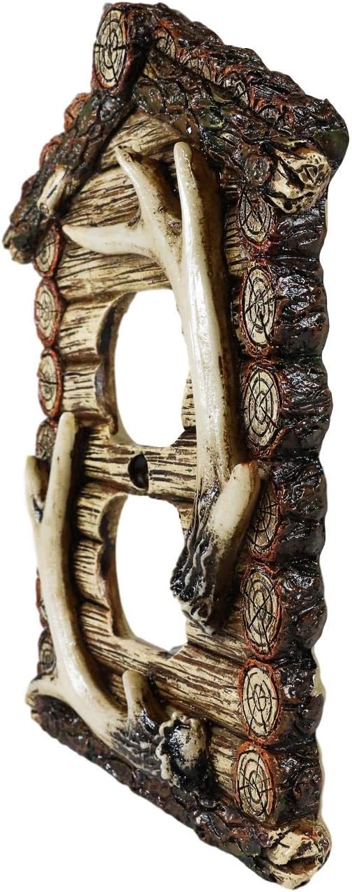 Ebros Set of 2 Novelty Rustic Log Cottage Cabin Lodge Home With Deer Antlers Wall Electrical Switch Cover Plate Hand Painted Antler Resin Home Decor Accessory (Double Receptacle Outlet)