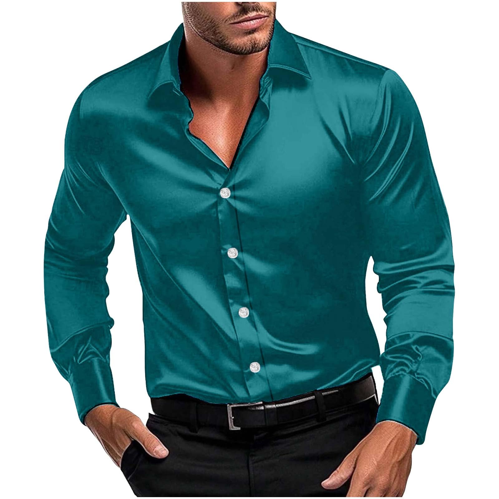 Men Long Sleeve Satin Dress Shirt Shiny Embroidery Silk Like Button Down Casual Luxury Prom Wedding Party Disco Solid