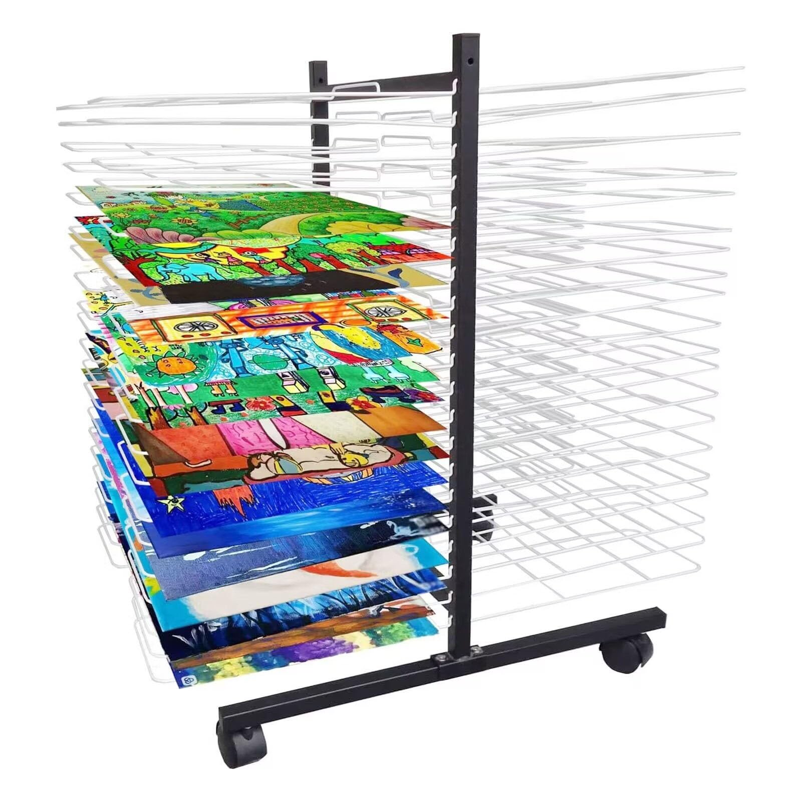 Aioneer Art Drying Rack for Classroom, Double Sided 40 Wire Shelves Mobile Painting Drying Rack Artwork Storage Display Shelf Canvas Stack Rack with Wheels for School and Art Studio