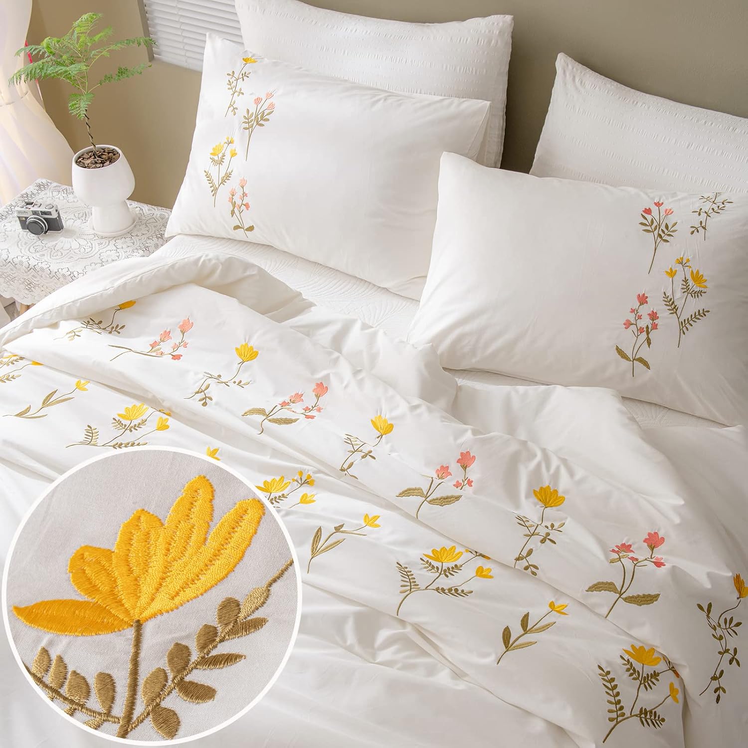 Move Over Cotton Comforter Queen Size Flower Comforter Set White Enbroidered Flower
