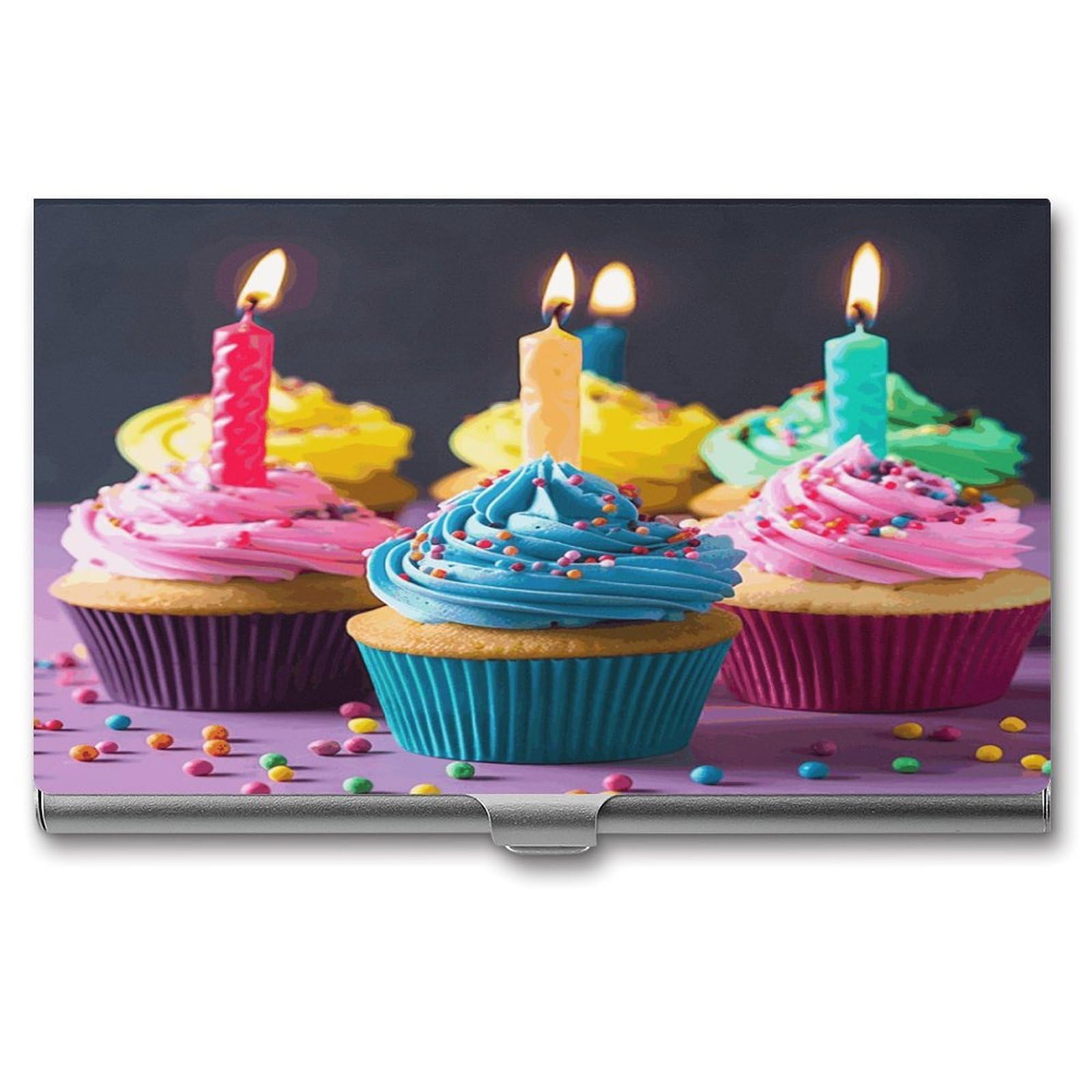JTREHY Colorful Happy Birthday Cupcakes Business Card Holder Slim Purse Name Card Holder Portable Metal Business Card Case Wallet Large Capacity Lightweight Business Card Case for Men Women