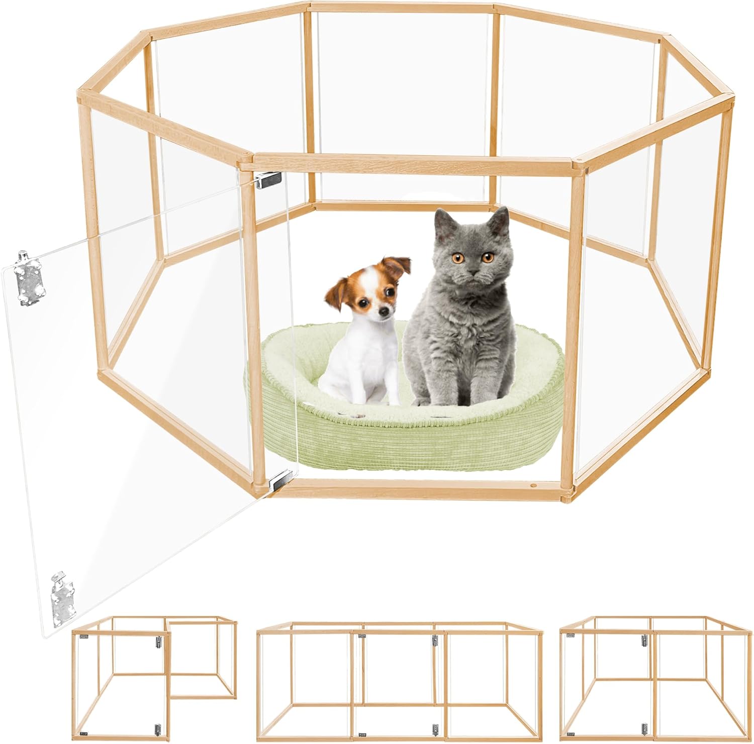 Pet Playpen 26 Inch Tall Clear Playpen Fence, Dog Playpen Indoor, Foldable Puppy Pen with Transparent Panels, Durable Wood Frame for Puppy Small Animals, Eight Panels of 26" H x 21" L