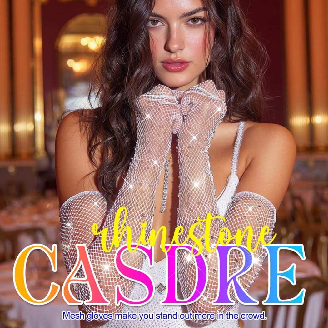 CASDRE Rhinestone Long Fishnet Gloves Mesh Rave Gloves Bling Elbow Length Evening Party Glove for Women and Girls