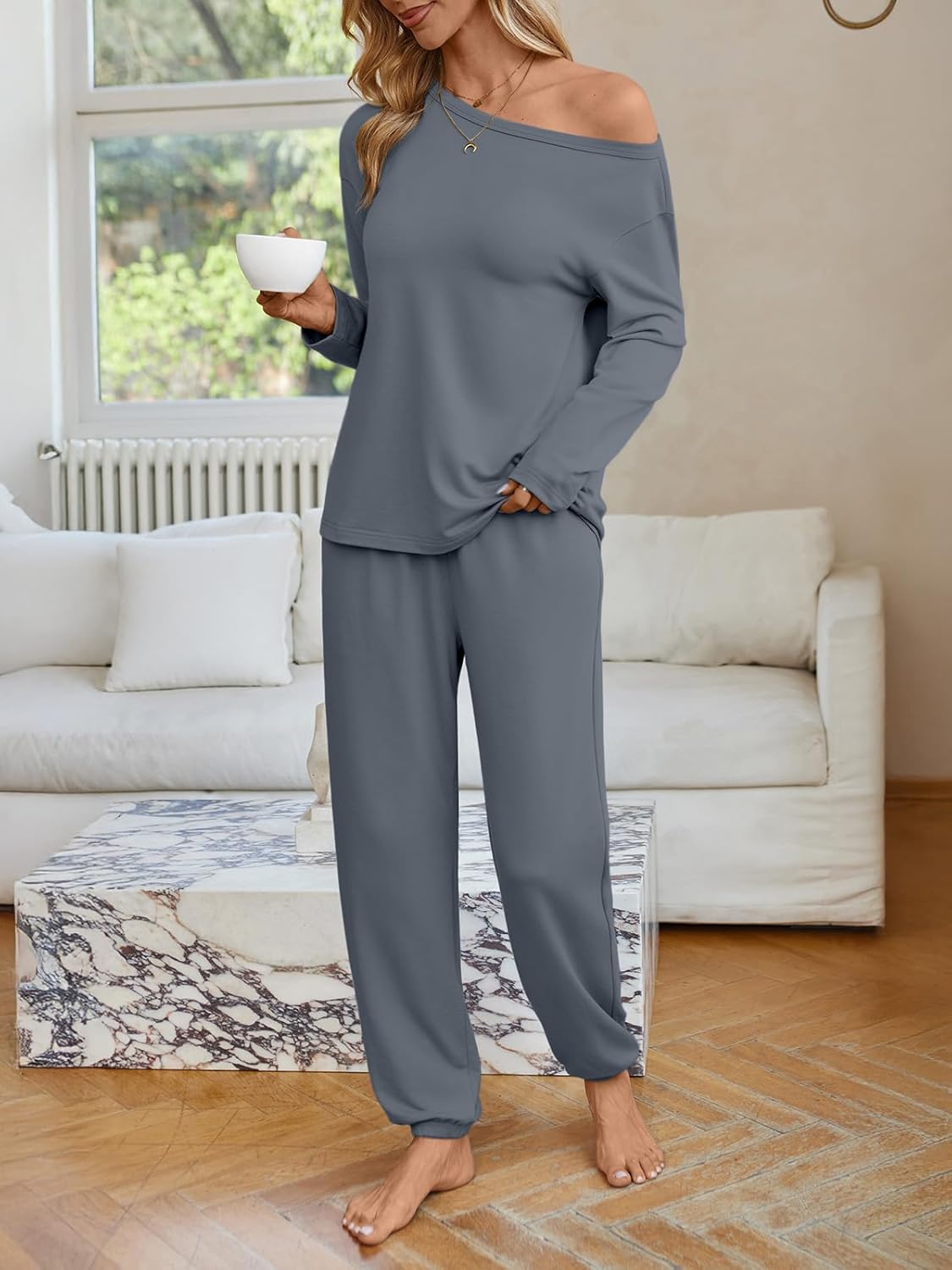 AUTOMET Womens Lounge Sets 2 Piece Matching Pajamas Travel Airport Fall Outfits Cute Pjs Off Shoulder Tops Loungewear - Image 3