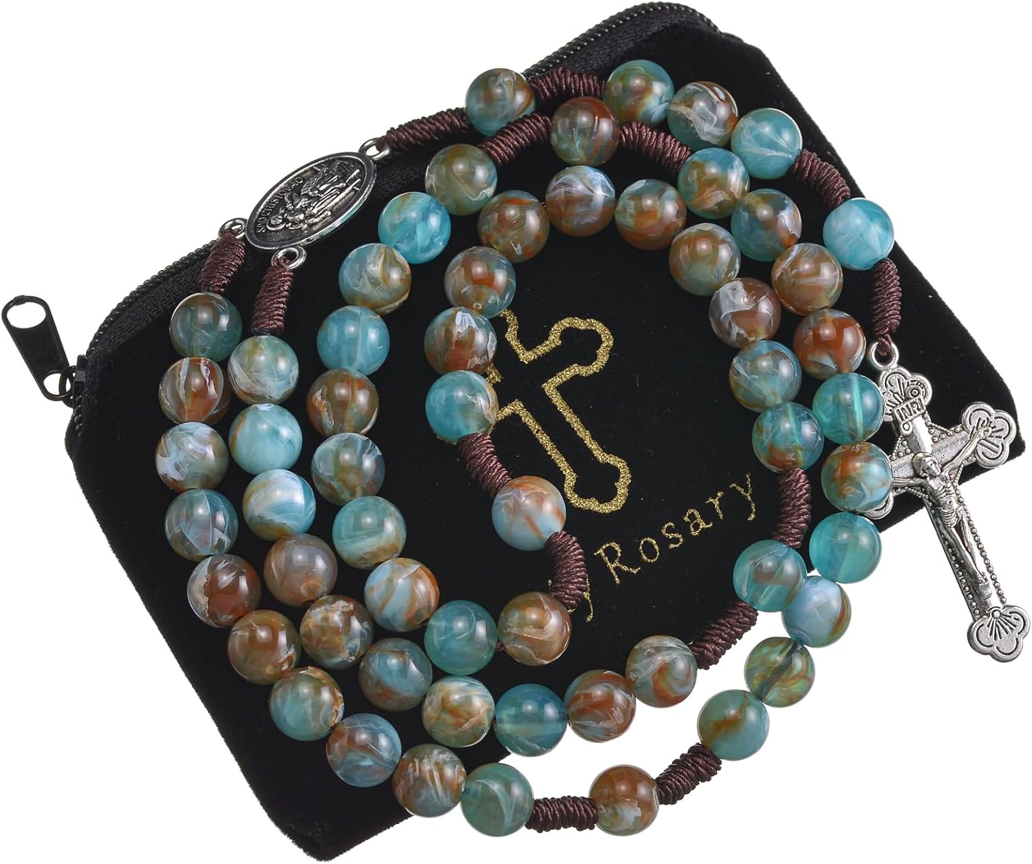 10mm Brown Beads Catholic Rosary Handmade Braided Rosaries with Curcifix Cross and Holy Mary Medal Amulet Rosary Beads Necklace for Women Men