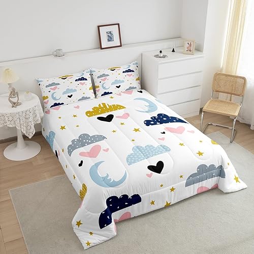 Miniatura 3 de Juego de edredón Kawaii con 2 fundas de almohada, juego de ropa de cama de luna y estrellas, nube, tamaño Queen para niños y niñas, edredón de