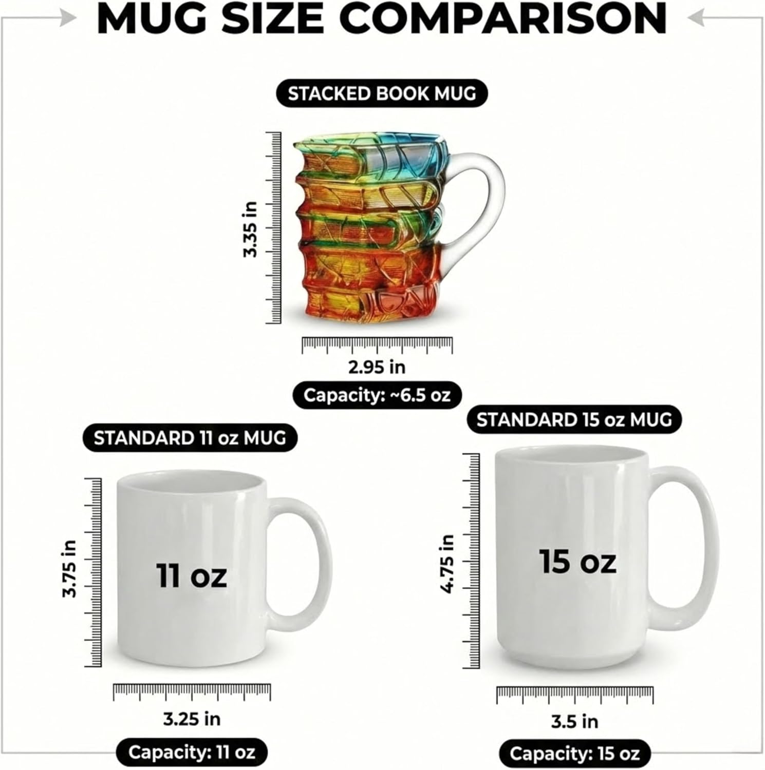 Stained Glass Book Mug – 3D Stacked Books Coffee Mug Gift for Book Lovers – Solid Colored Glass Cup (Not Painted) – Vintage Library Aesthetic Tea Cup for Readers, Writers, and Librarians – 7oz