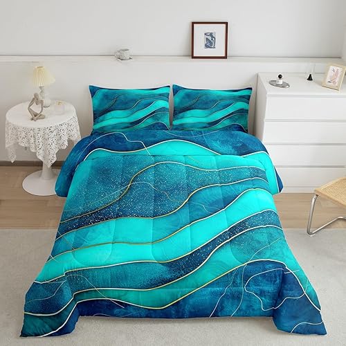 Erosebridal Sea Ocean Waves - Juego de edredón tamaño Queen con diseño de rayas geométricas doradas, edredón de mármol abstracto para todas las