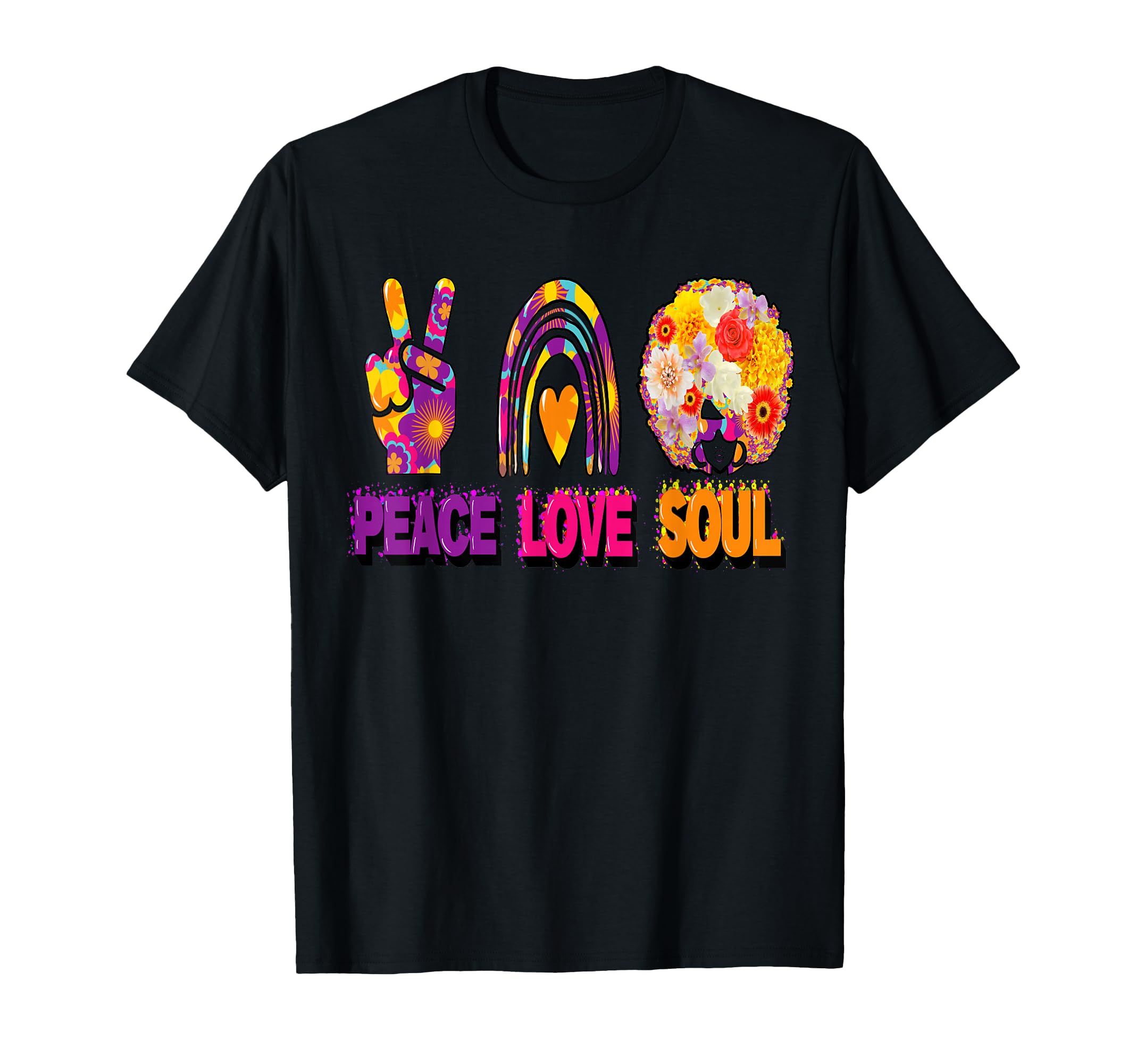 Peace Love and Soul Groovy Hippie Retro Sign Heart Afro T-Shirt