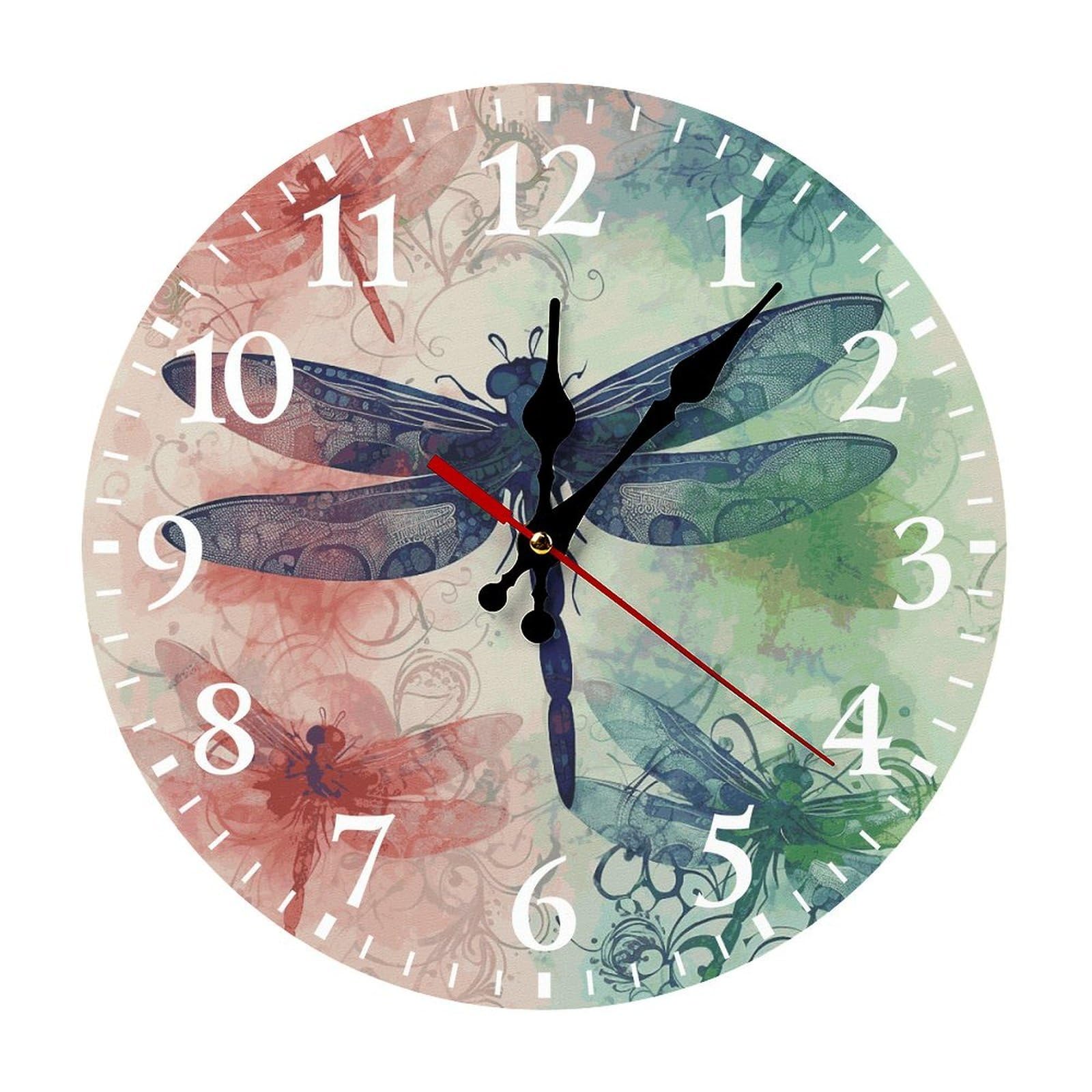 QMNLKH Modern Dragonfly Wall Clock for Home, Battery Operated Clock for Hotel, Round Wall Clock with Arabic Numerals White, Easy to Read, Non-Ticking Clocks for Living Room 25 * 25cm