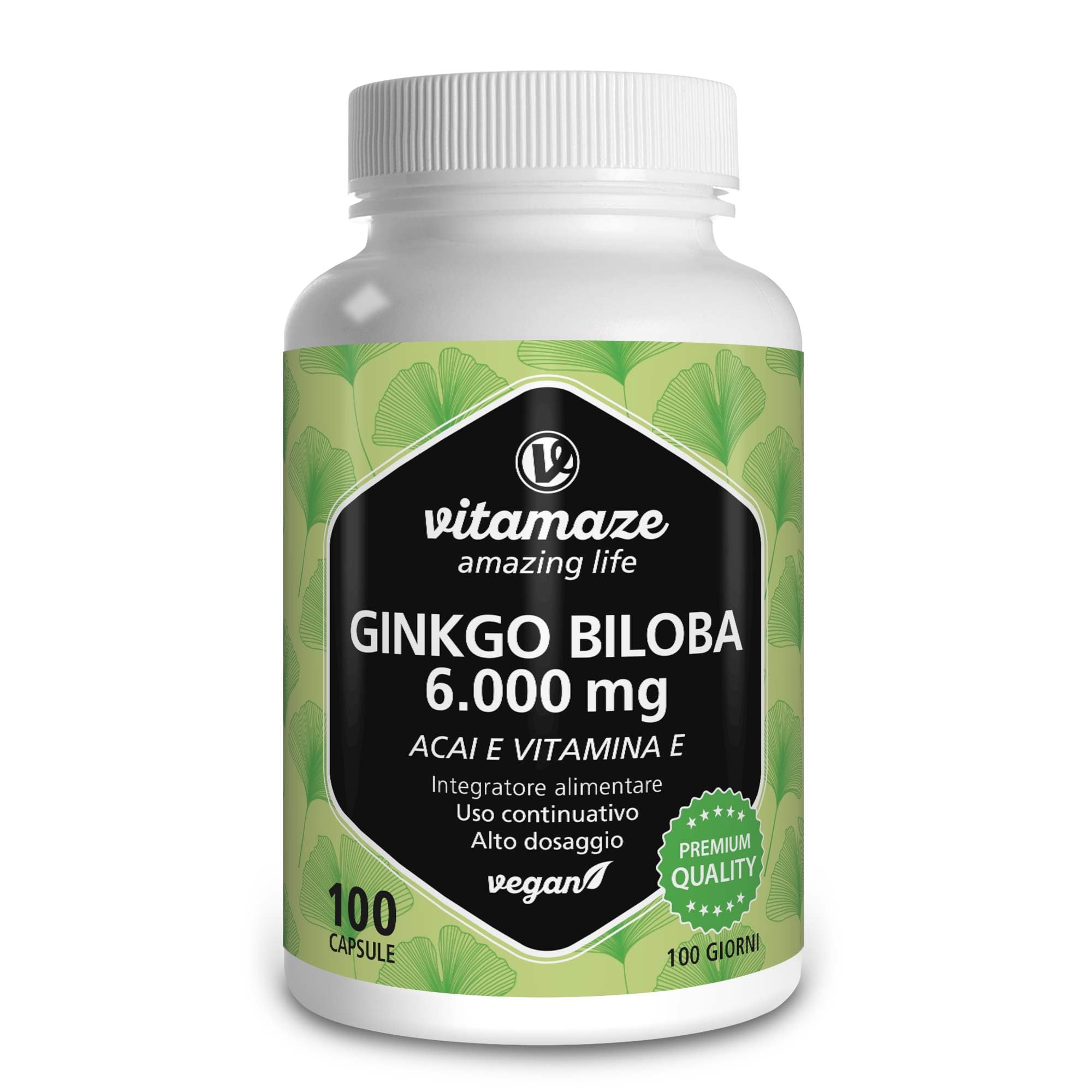 Ginkgo Biloba Complex 6000 mg (50:1) con L Carnitina + Vitamina E e Estratto de Acai, Alto Dosaggio & Vegano, 100 Capsule, Integratore Senza Additivi non Necessari, Qualità Tedesca, Vitamaze
