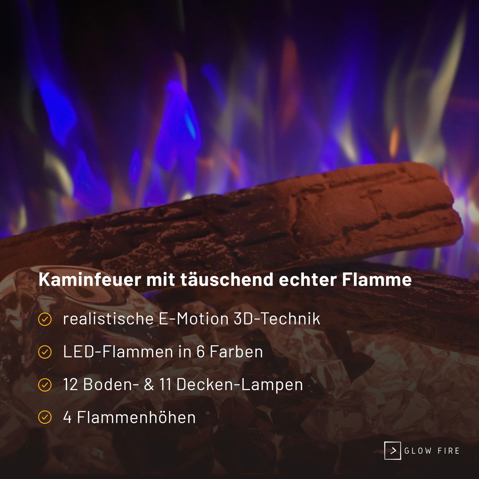 GLOW FIRE Kominek ścienny do telewizji CW5 otwarty lewy z realistycznym ogniem LED 3D E-Motion – stojący kominek elektryczny z ogrzewaniem, kominkiem i timerem, maks. 1500 W, 250 x 139,5 x 42,4 cm
