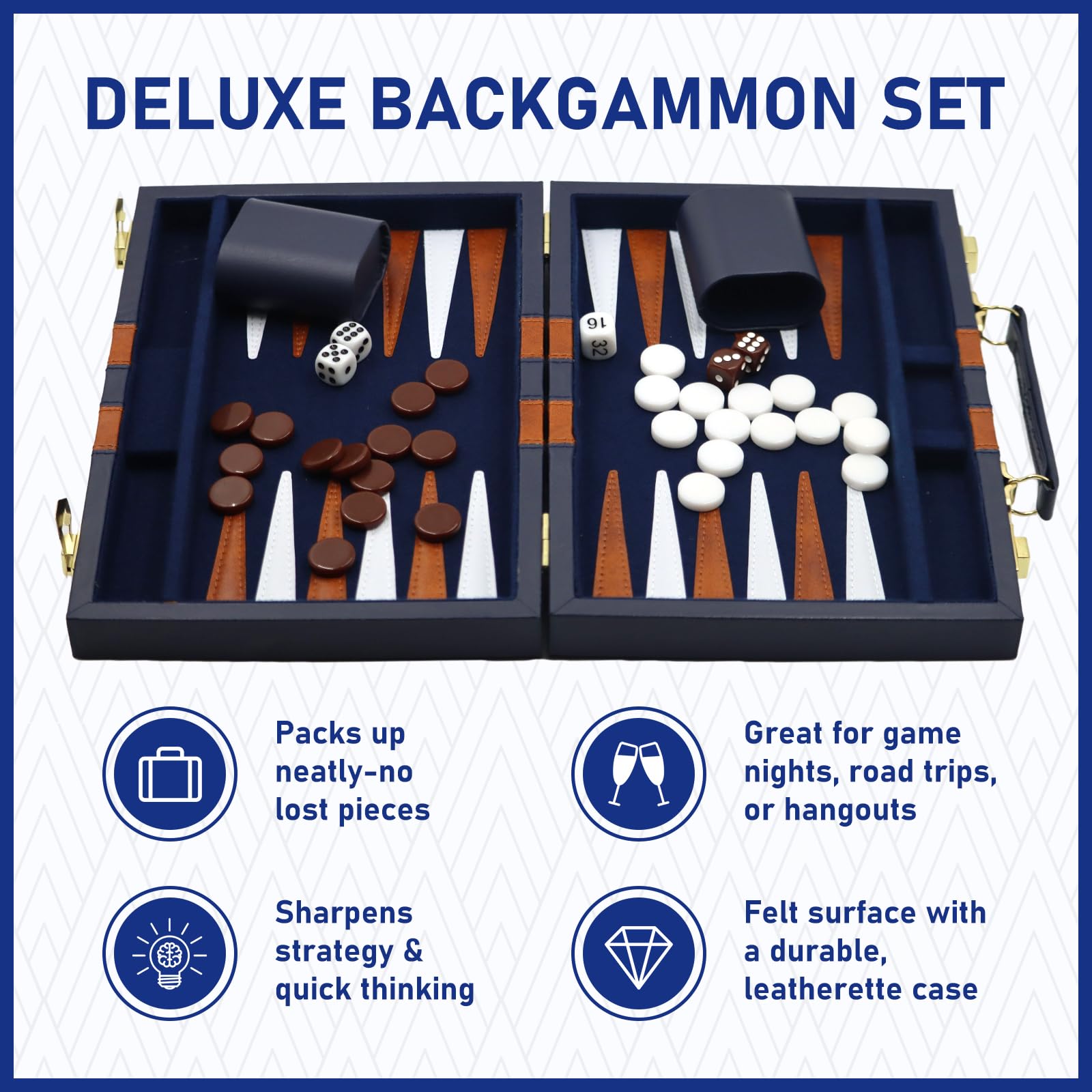 Backgammon Set legno Valigetta Backgammon da 11 pollici con Accessori Complet con Custodia in Pelle di Alta Qualità Set Portatile da Viaggio (11pollici, blu navy)