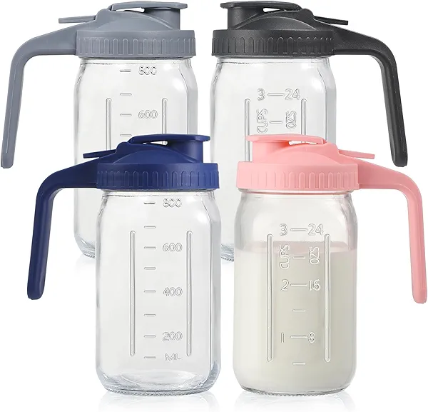 4 Pack 32oz Glass Pitcher with Lid, Double Leakproof Glass Mason Jar Pitcher with Pour Spout Lid, 1 Quart, Wide Mouth Storage Container for Breastmilk, Sun Tea, Juice, Cold Brew Coffee, Water
