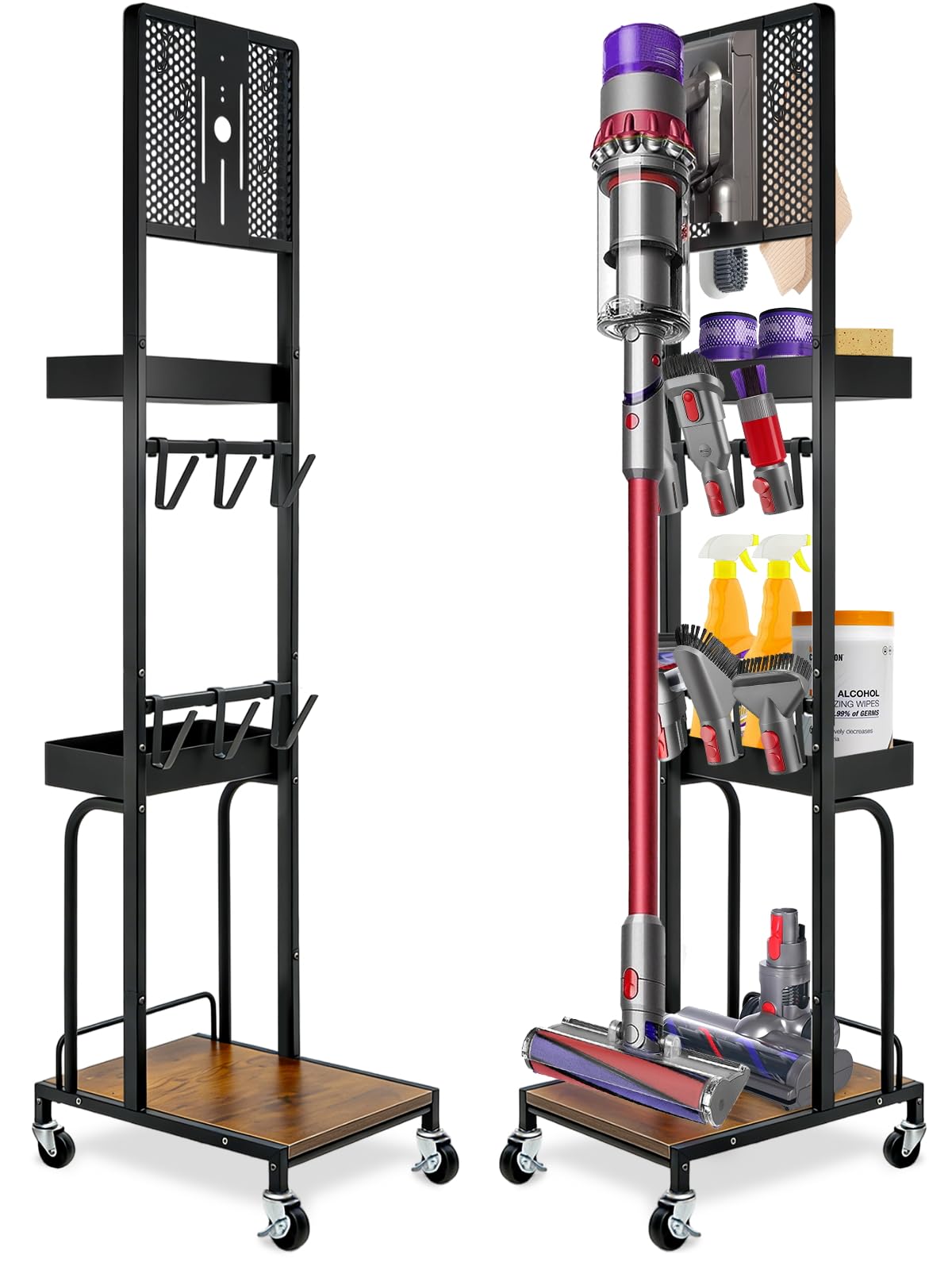 JUPELI Dyson Ständer mit 4 Rollen für V16 Gen5 V15 V12 V11 V10 V8 V7 | freistehende Dyson Halterung & Zubehör-Organizer mit 6 Haken, 2 Metallkörben und stabilem Standfuß, Schwarz