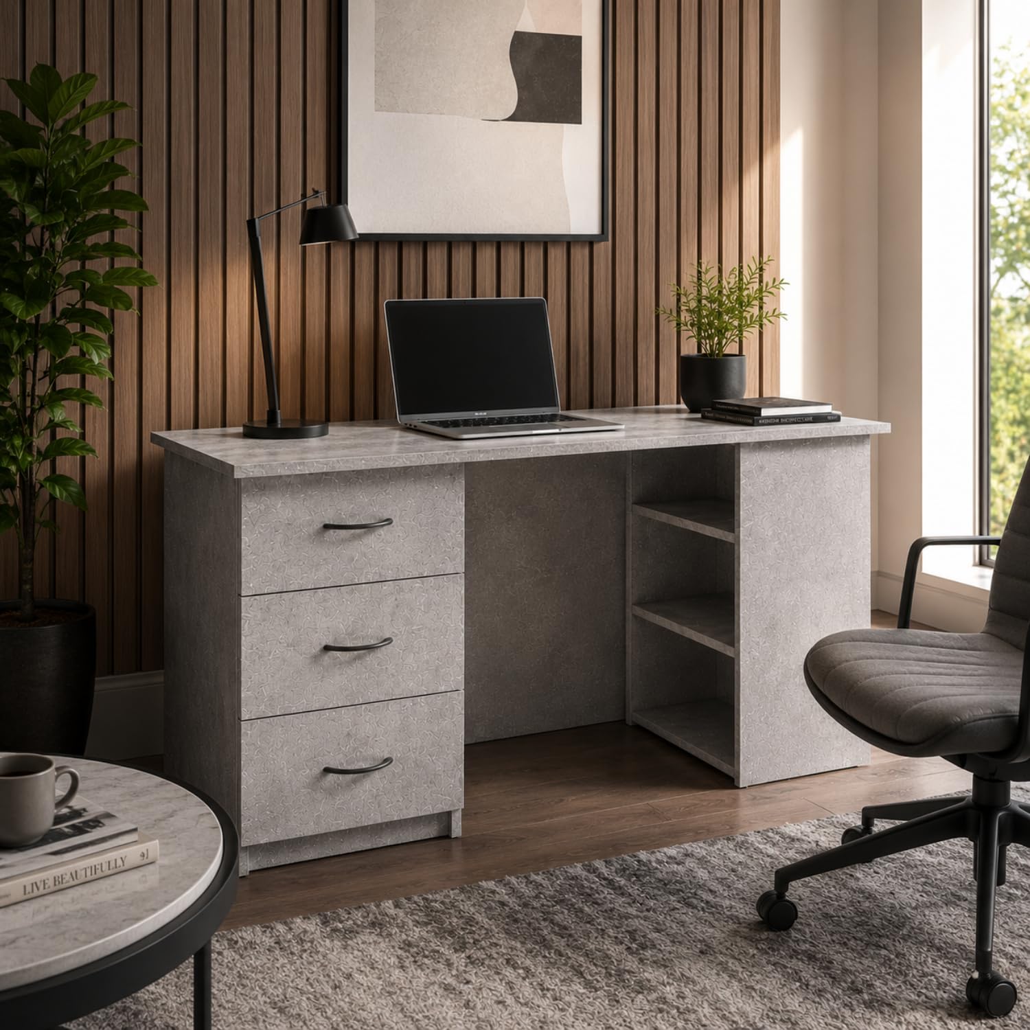 Arreditaly Scrivania Moderna Con 3 Cassetti E 3 Vani A Giorno Scrittoio Struttura In MDF Resistente Design Minimal Ideale Per Ufficio Studio Cameretta E Smart Working 120 x 49 x 72 Cm Grigio Cemento