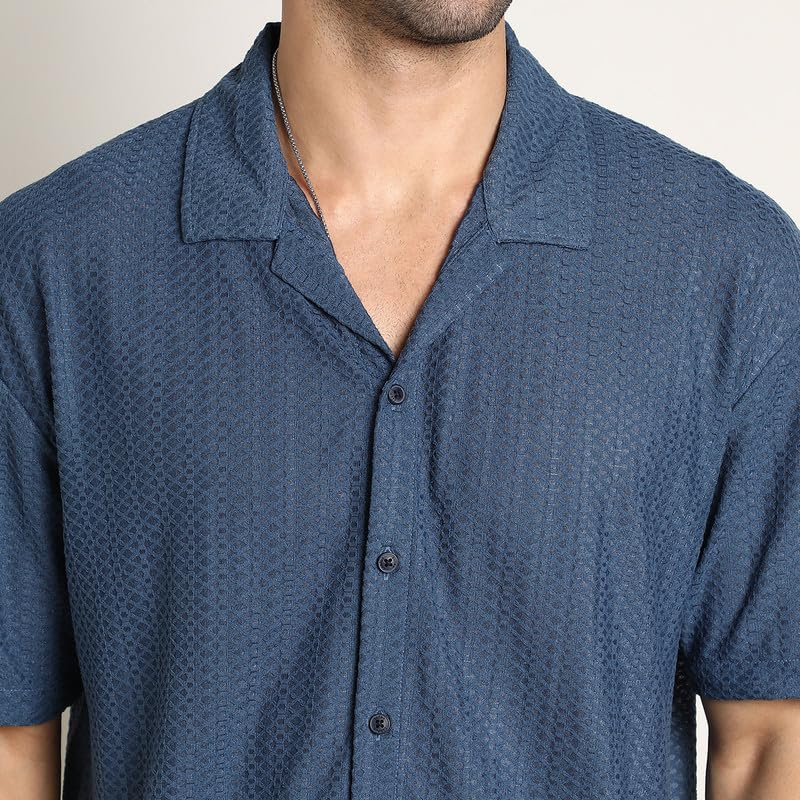 Image of CAHOOT Men's Oversized Shirt for Casual Wear | Cuban Collar | Short Regular Sleeves | Button Closure | Oversized Shirt Crafted with Comfort Fit for Everyday Wear