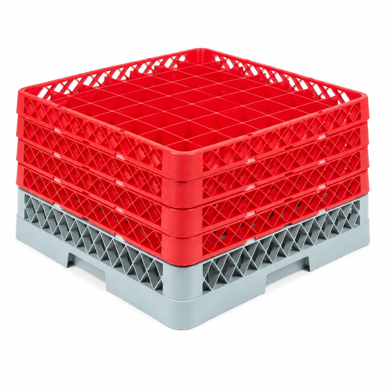Warewashing 49-Compartment Glass Rack with 4 Red Extenders by Glownary – Plastic, Gray - Red, Model 274rk494