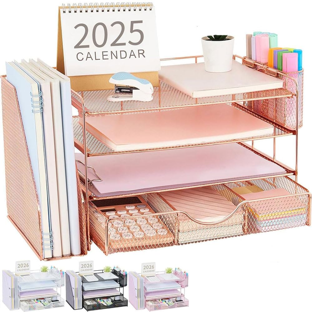 Quhombo Desk Organiser with File Holder,4-Tier Desk Organisers and Accessories with 2 Pen Holders and Drawer,Paper Letter Tray Storage with Magazine Holder for Home Office Supplies(rosegold)