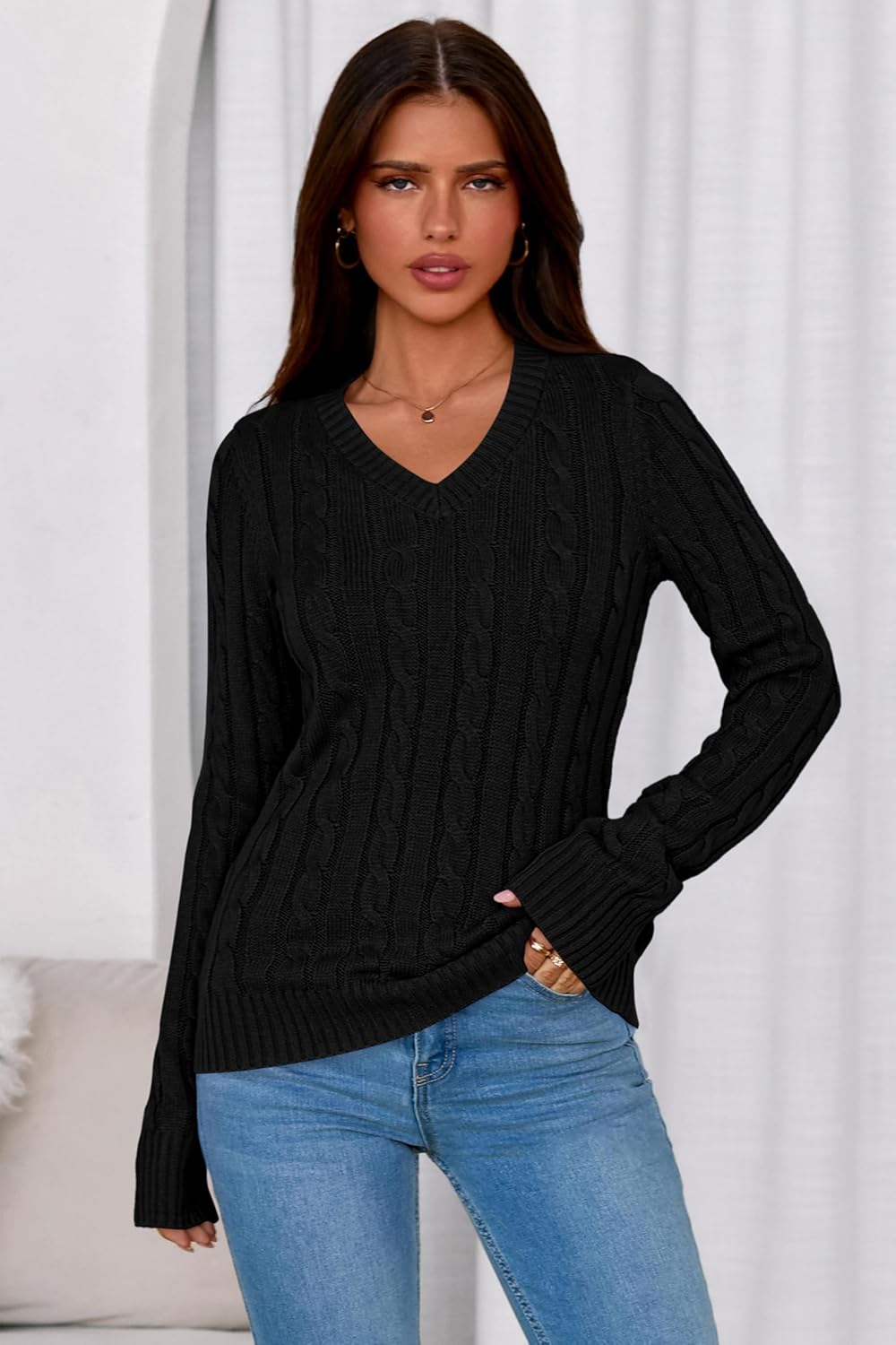 PRETTYGARDEN V Neck Cable Knit Sweaters for Women 2025 Long Sleeve Ribbed Fitted Pullover Tops Business Casual Fall Outfits - Image 2