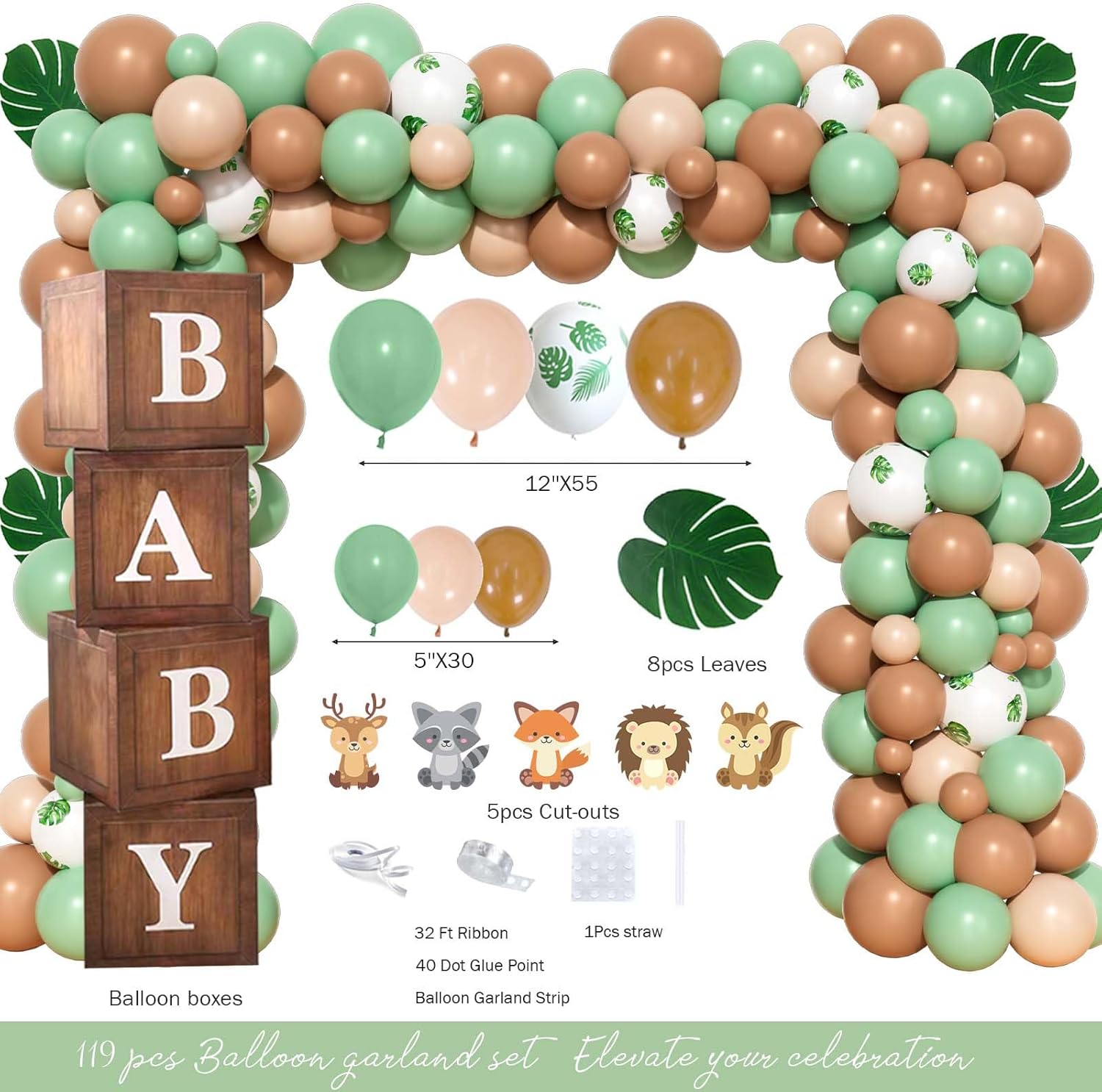 Hombae Woodland Baby Shower Decorations, Forest Neutral Baby Shower Party Decorations, Safari Animal Backdrop Balloons Banner Box Leaves Cake Topper Sash for Gender Reveal Party Supplies