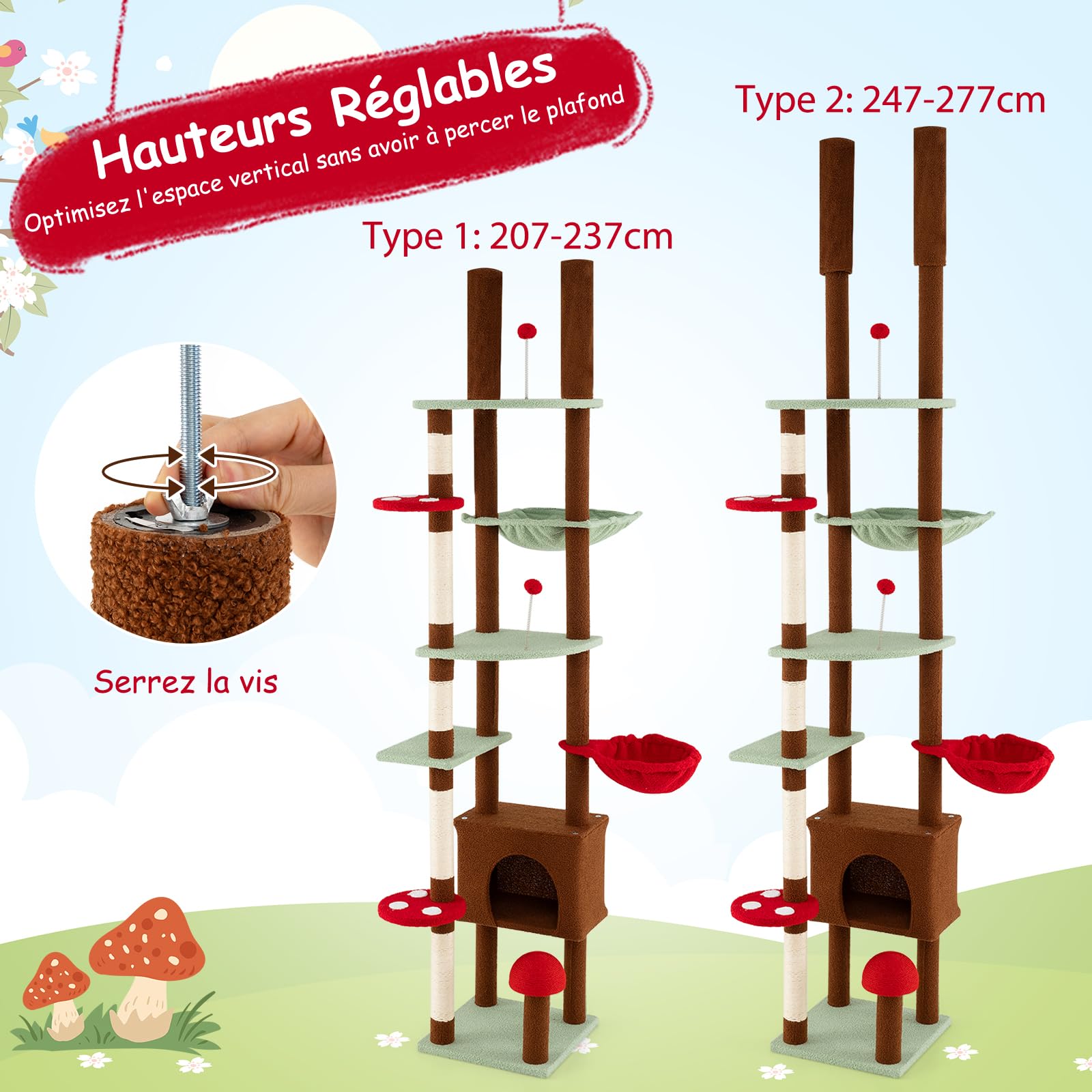 COSTWAY Arbre a Chat Plafond, H207-237 cm/247-277 cm Réglable, Arbre a Chat Design XXL, 6 Plateformes, 6 Poteaux à Griffer en Sisal, Condo, Panier, Hamac, 2 Pompons (207-237 cm/247-277 cm,Multicolore)