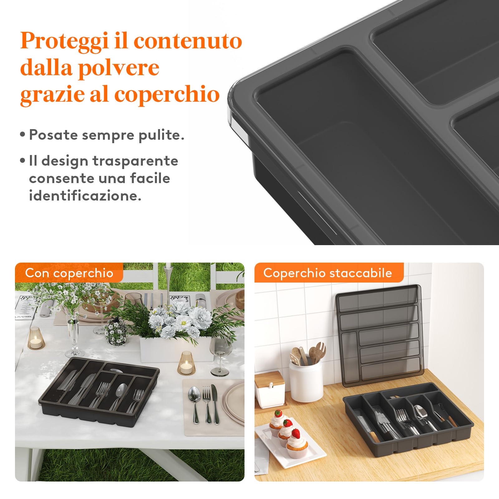 Lifewit Portaposate con Coperchio, Contenitore Porta Posate da Cassetto per Cucina, Organizer in Plastica per Cassetto per Cucchiai, Forchette, Coltelli, 6 Scomparti, Nero