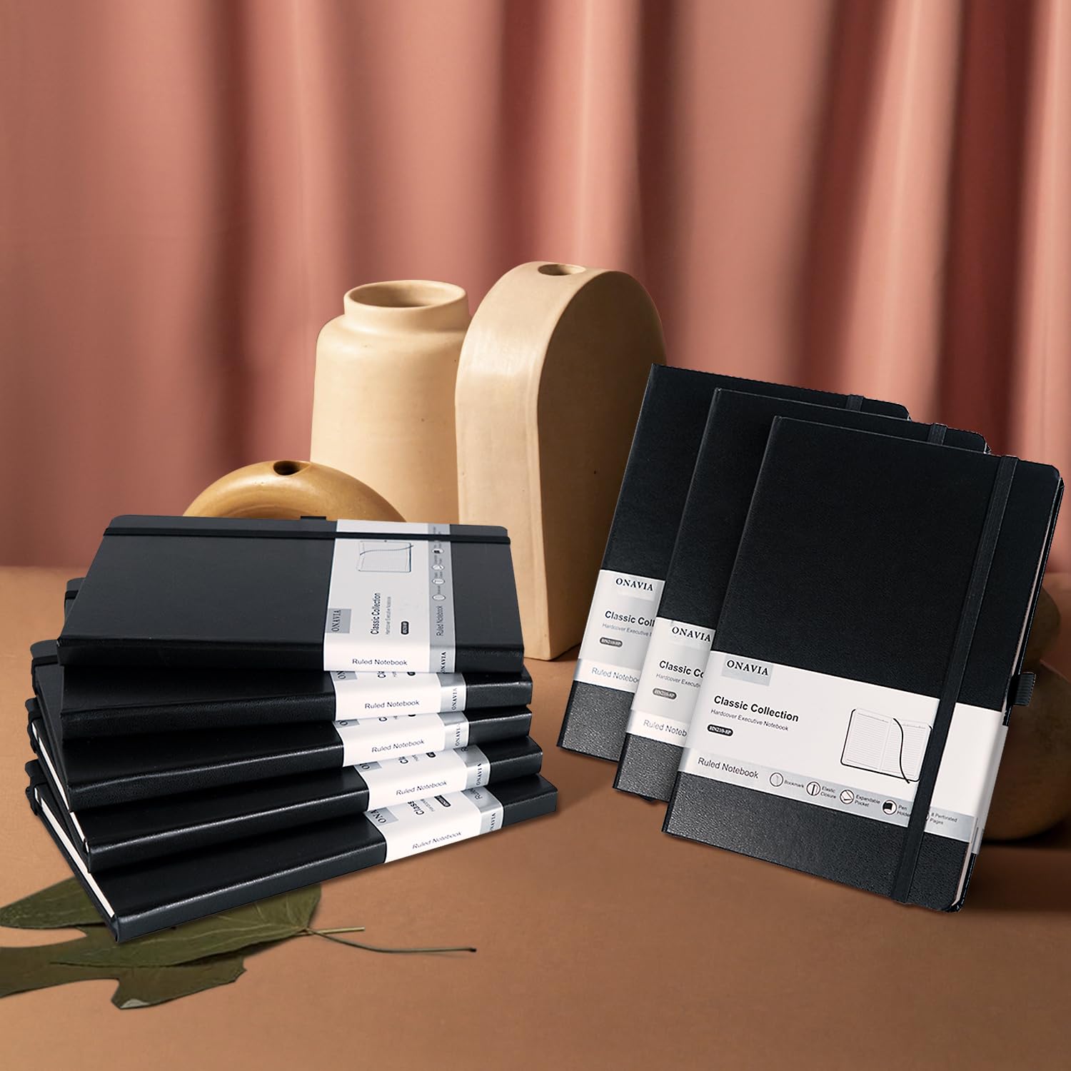ONAVIA Confezione multipla di quaderni A5 a righe per lavoro, viaggi, università, quaderni classici a righe, con copertina rigida per scrivere 160 pagine, 14 x 21,1 cm, carta spessa 100 g/m², nero