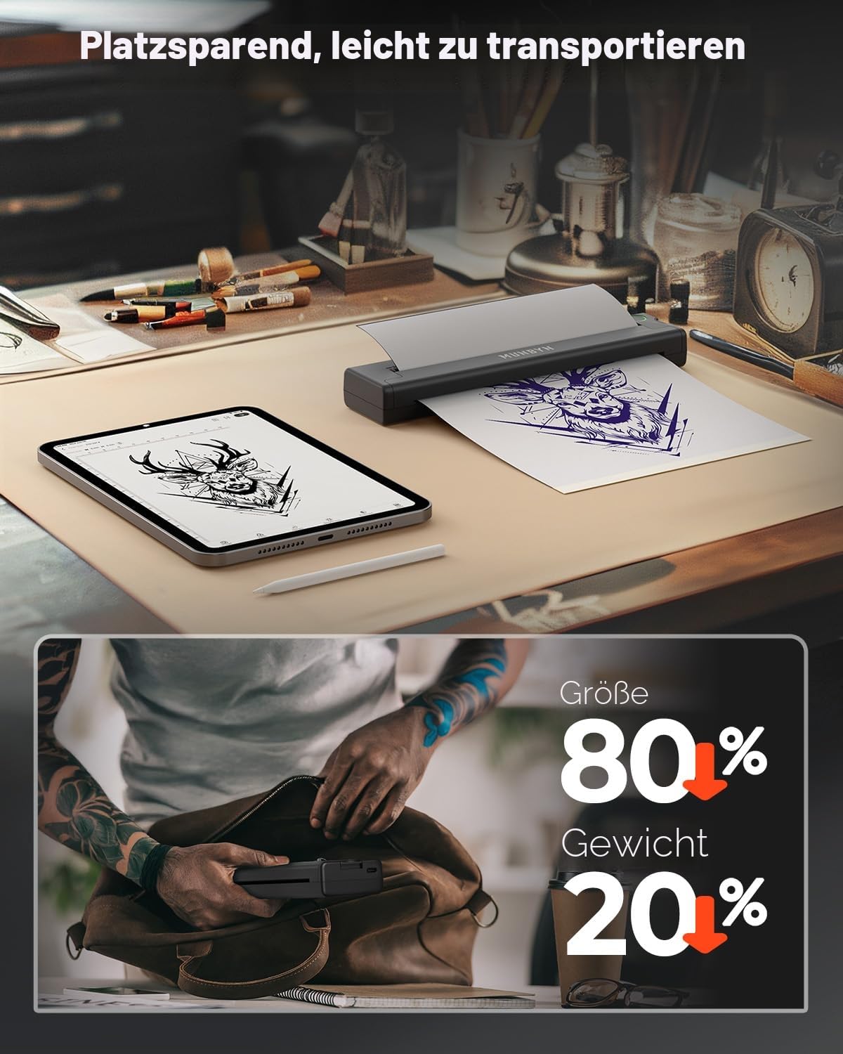 MUNBYN Tattoo Drucker Bluetooth, Stencil Drucker, Tattoo Printer Thermodrucker mit 20 Blatt A4 Transferpapier, Kompatibel mit Android iOS macOS Windows, ITP05, Schwarz
