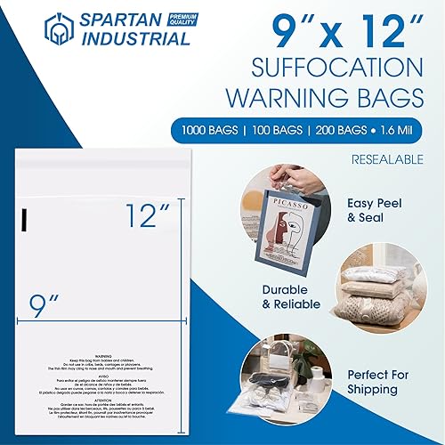 Miniatura 2 de Spartan Industrial - Bolsas de polietileno transparente autosellantes de 9 x 12 pulgadas (1000 unidades) con advertencia de asfixia para embalaje,