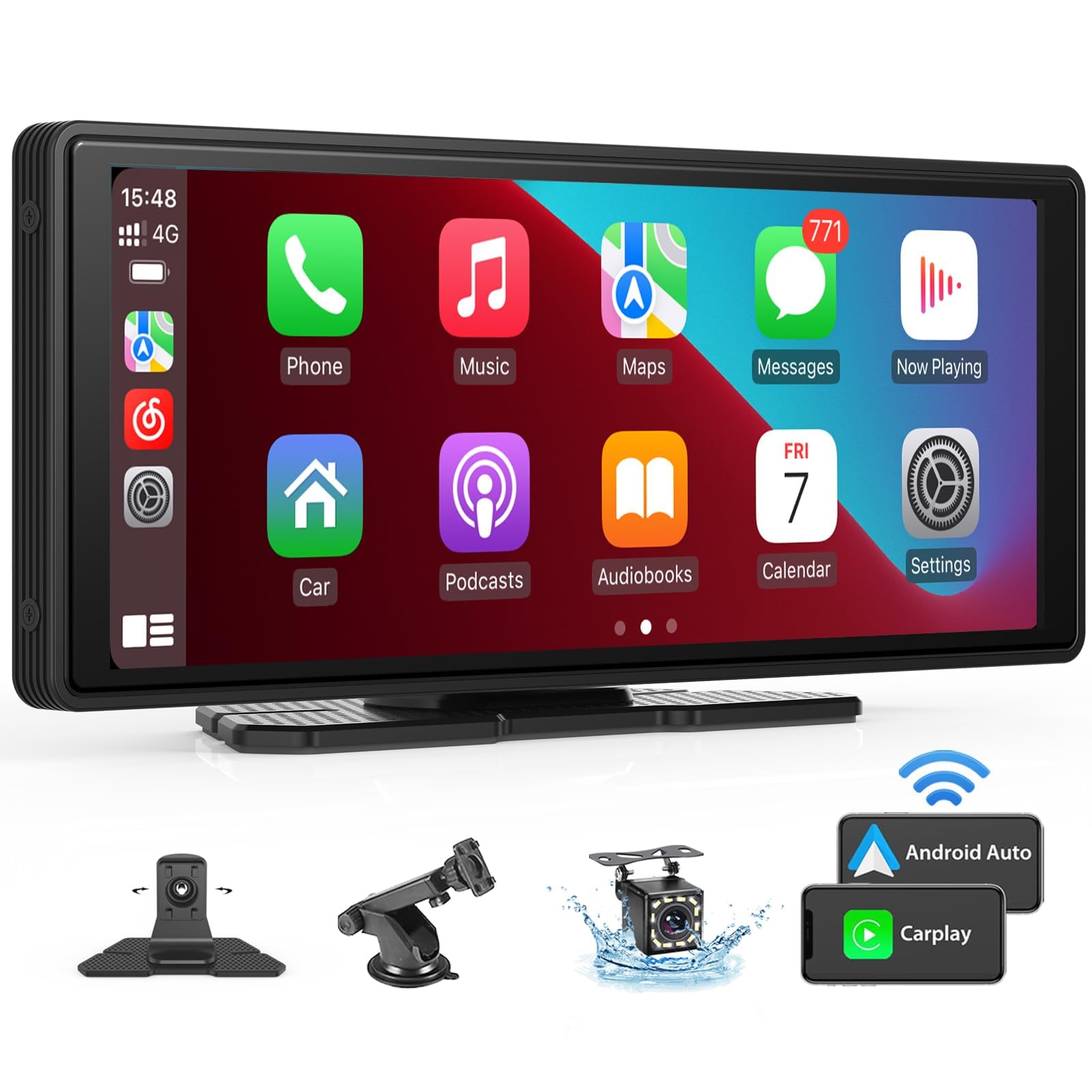 PFUTURE Wireless Carplay Touchscreen, 9.3"Portable Apple Carplay & Android Auto Car Stereo, Carplay Screen with 1080p Backup Camera with Bluetoot, FM/AUX/TF/USB/Dash Mount Car Stereo