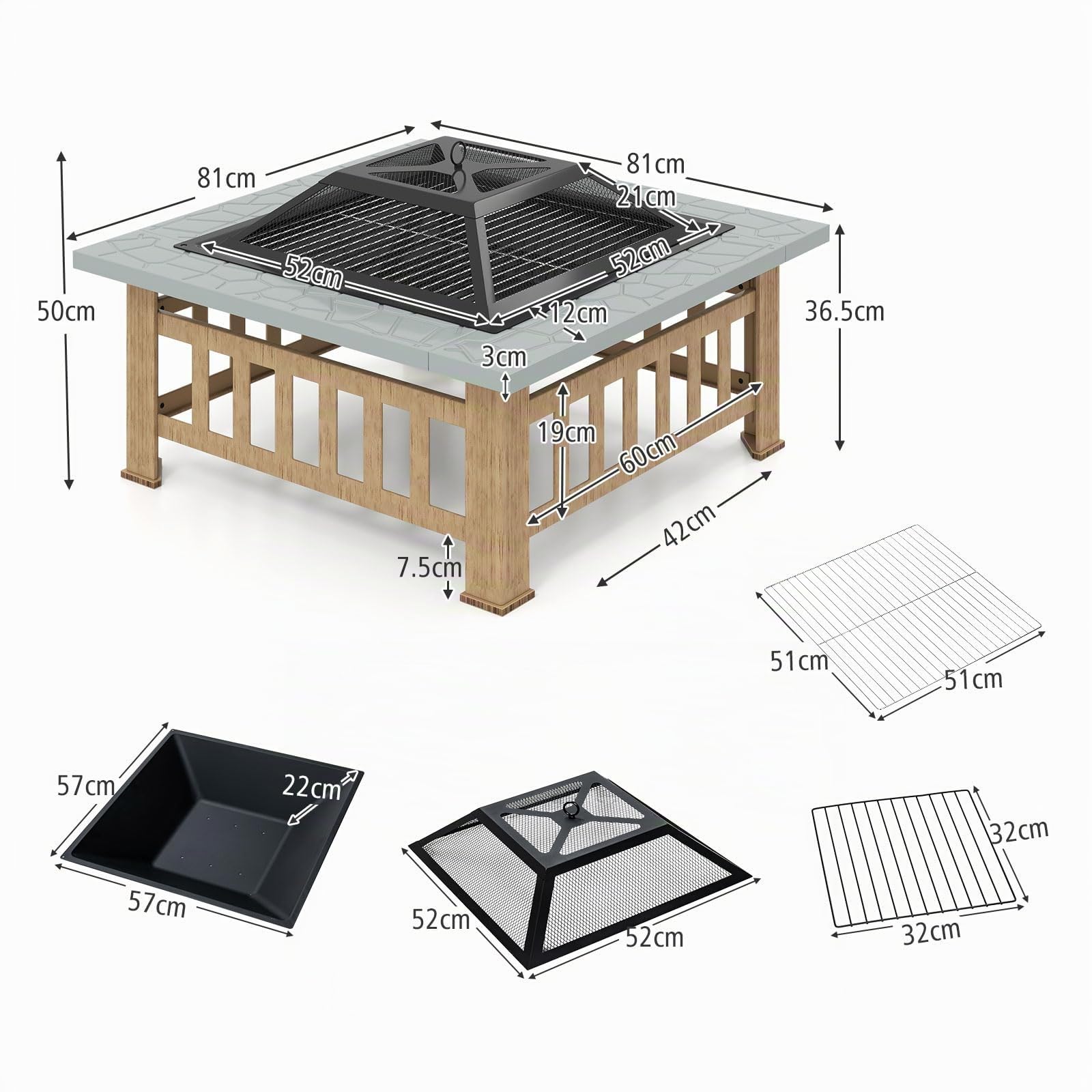GYMAX Brasero Extérieur Multifonctionnel, avec Grill de Barbecue, Pare-Feu, Tisonnier, Couvercle, Housse de Protection, Cadre en Métal Revêtu de Poudre, Foyer pour Jardin, Terrasse (Gris)