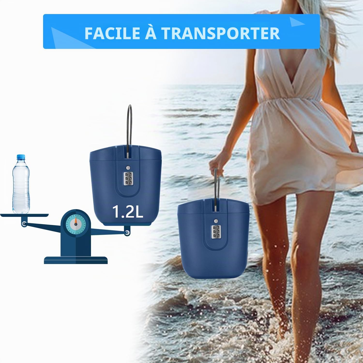 Coffre-Fort de Plage avec Serrure à Numéro, Coffre-Fort Antivol Portable pour la Plage, le Camping, les Voyages, le Sport, le Shopping (Bleu)