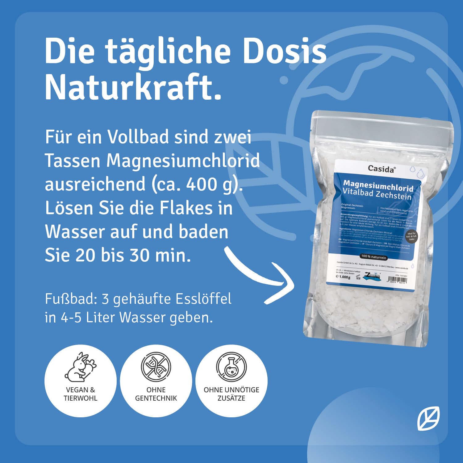 Casida Magnesiumchlorid Vitalbad 1000 g - Original Zechstein Magnesium Flakes, Flocken - rein natürliches Magnesiumchlorid Hexahydrat für Vollbad und Fußbad - auch für Herstellung Magnesiumöl