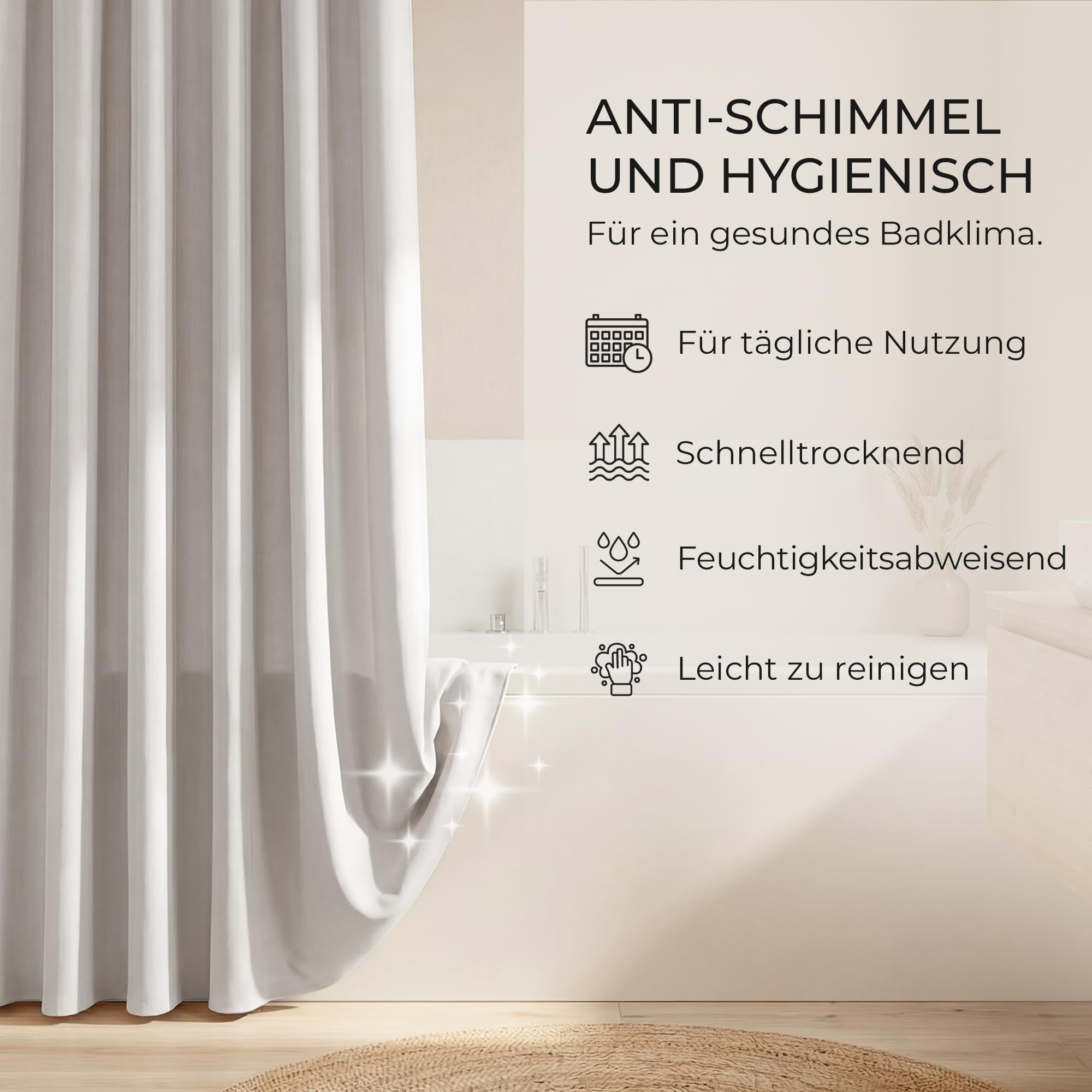 Duschvorhang 180x200cm Grau – 230 GSM Leinen Wasserdicht Waschbar | 230 GSM Stoff – kein Kleben am Körper, 100% wasserdicht, 12 Metallösen mit Kugellager, maschinenwaschbar