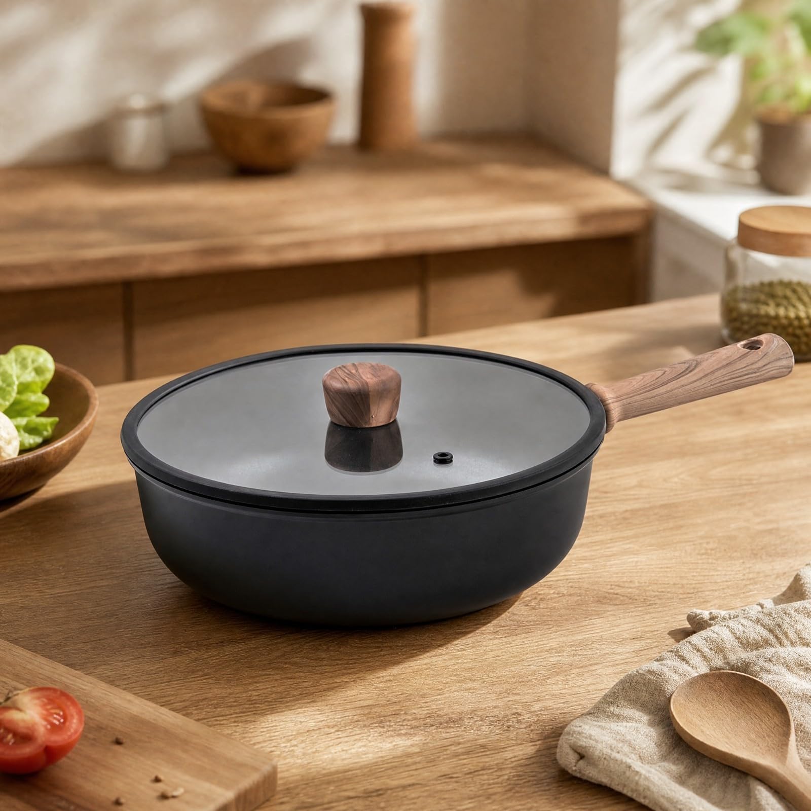 Wok con Manico Effetto Legno Resistente Al Pentola per Compatte, 30CM, Wok Con Coperchio